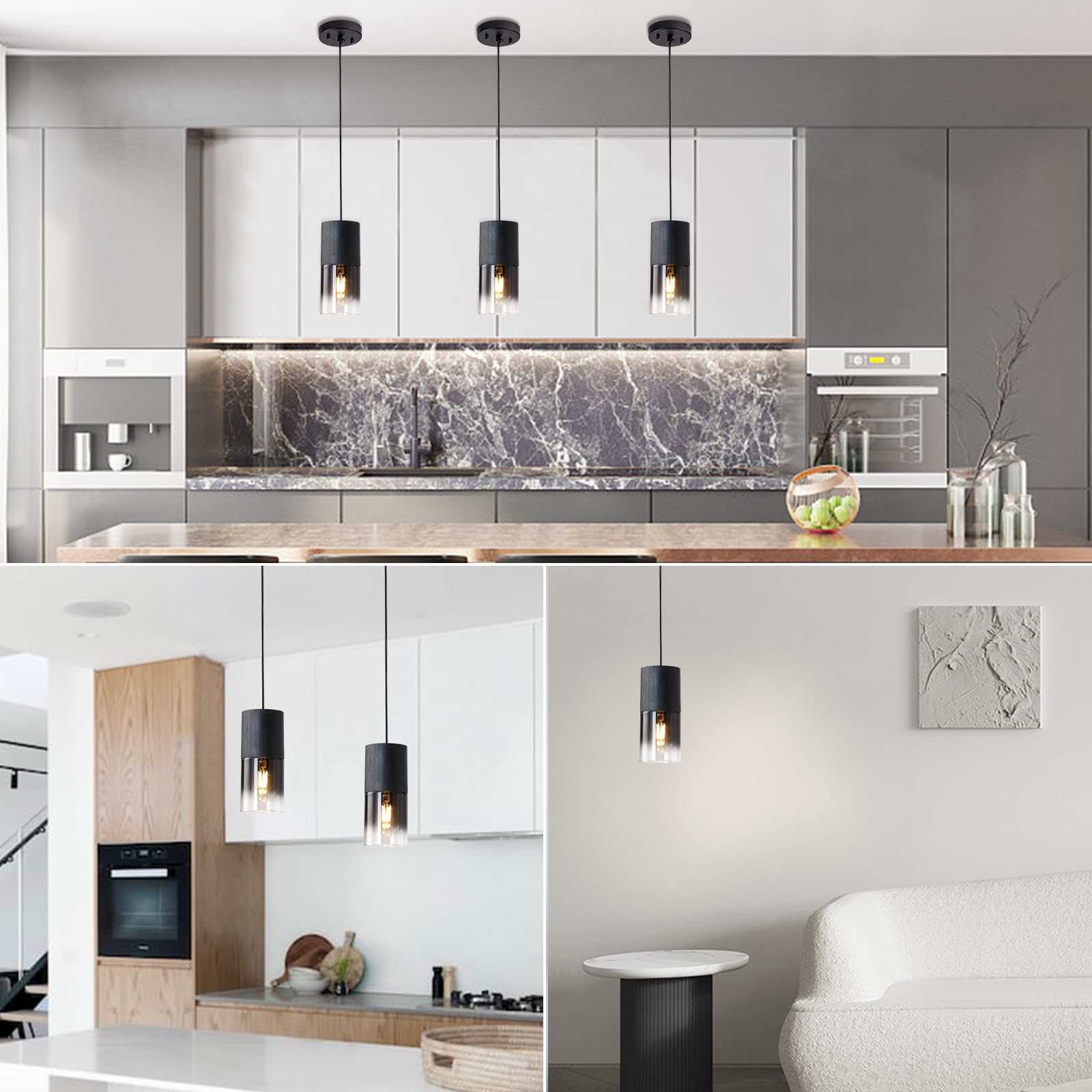 Linseeds 2-Pack Black Pendant Light Fixtures, Adjustable Modern Pendant Lights For Kitchen Island, Industrial Glass Pendant Lights For Dining Table Hallway Bedroom Living Room