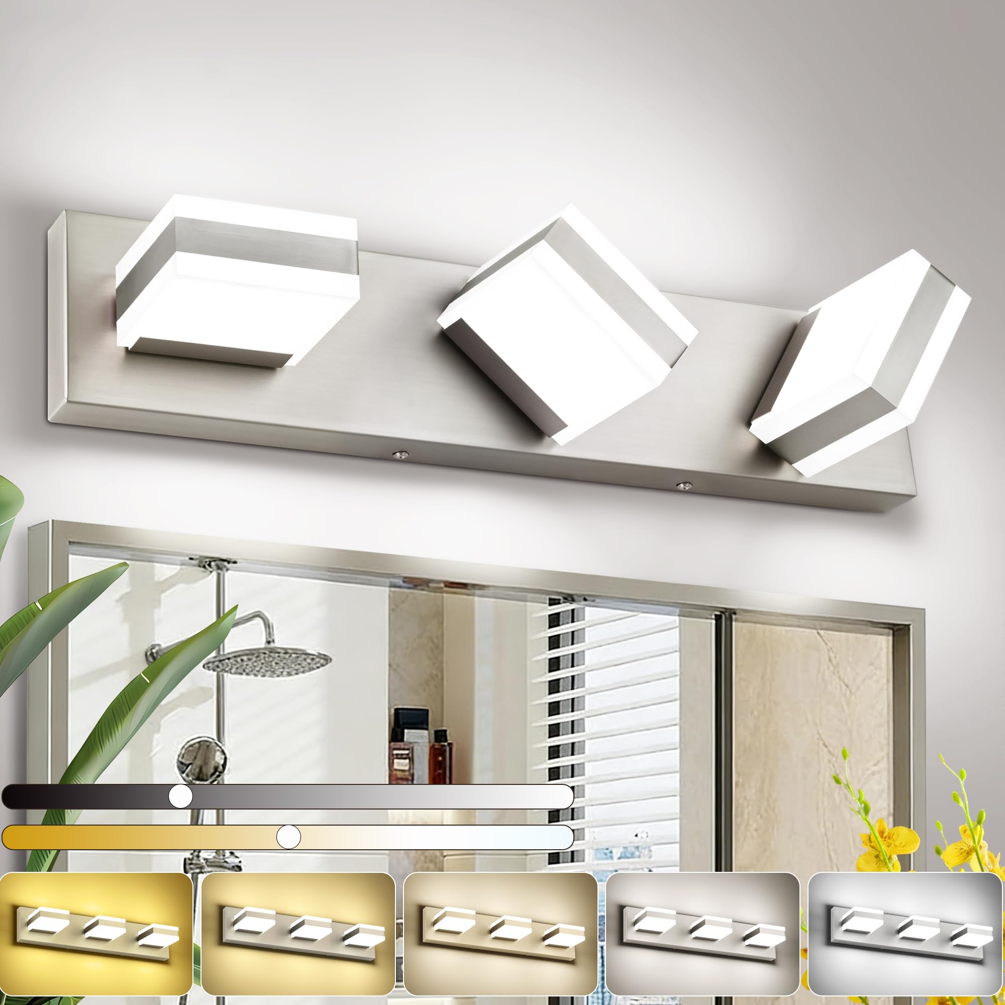 SOLFART Bathroom Light  5 Color Temperature LED Bathroom Vanity Fixtures  Brushed Nickel 3 Lights Vanity Light Over Mirror Modern LED Light Adjustable Color 5CCT