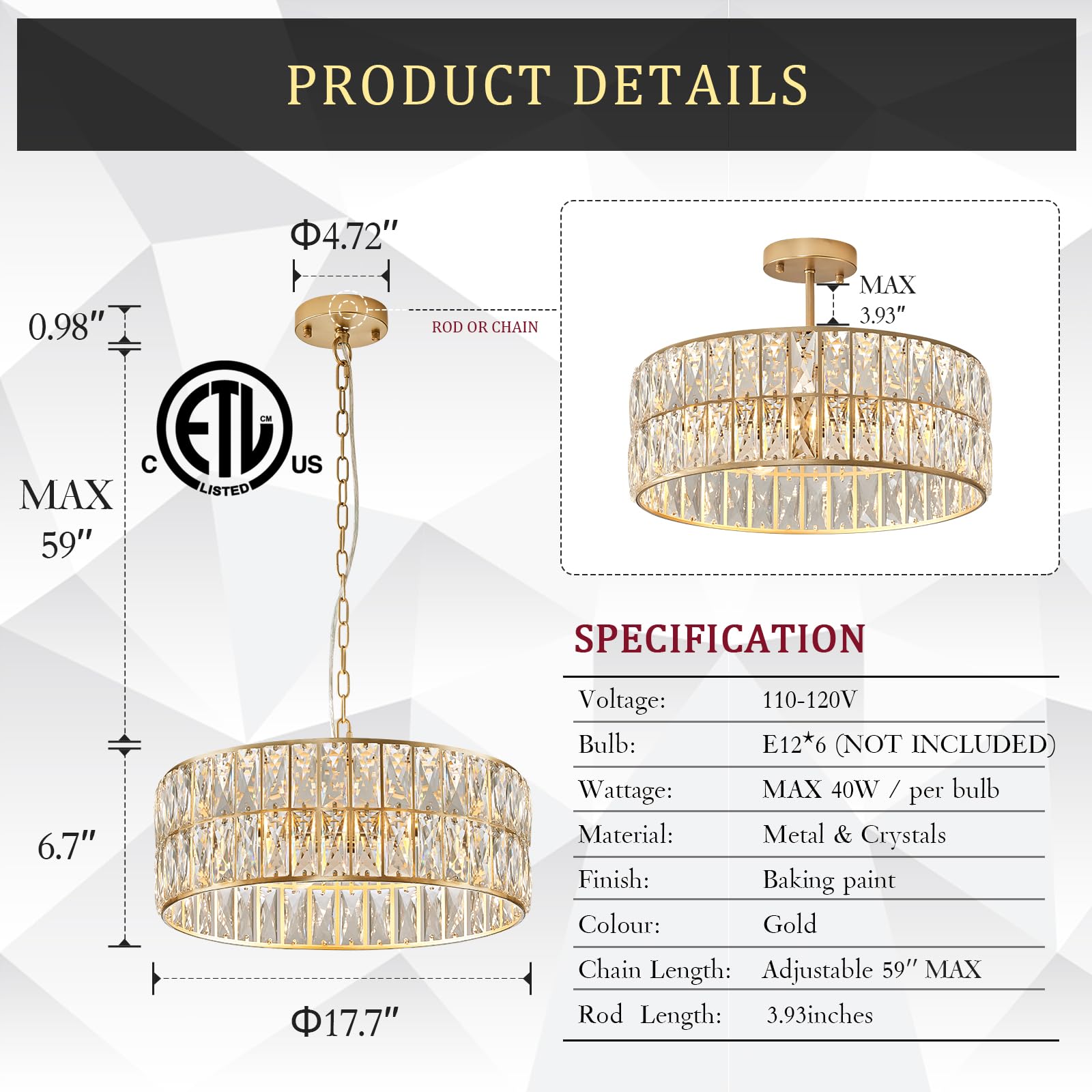 CATINER Modern Crystal Chandelier, 18" Large Gold Semi Flush Mount, Elegant Lighting for Dining Room, Foyer, Bedroom, Model C80