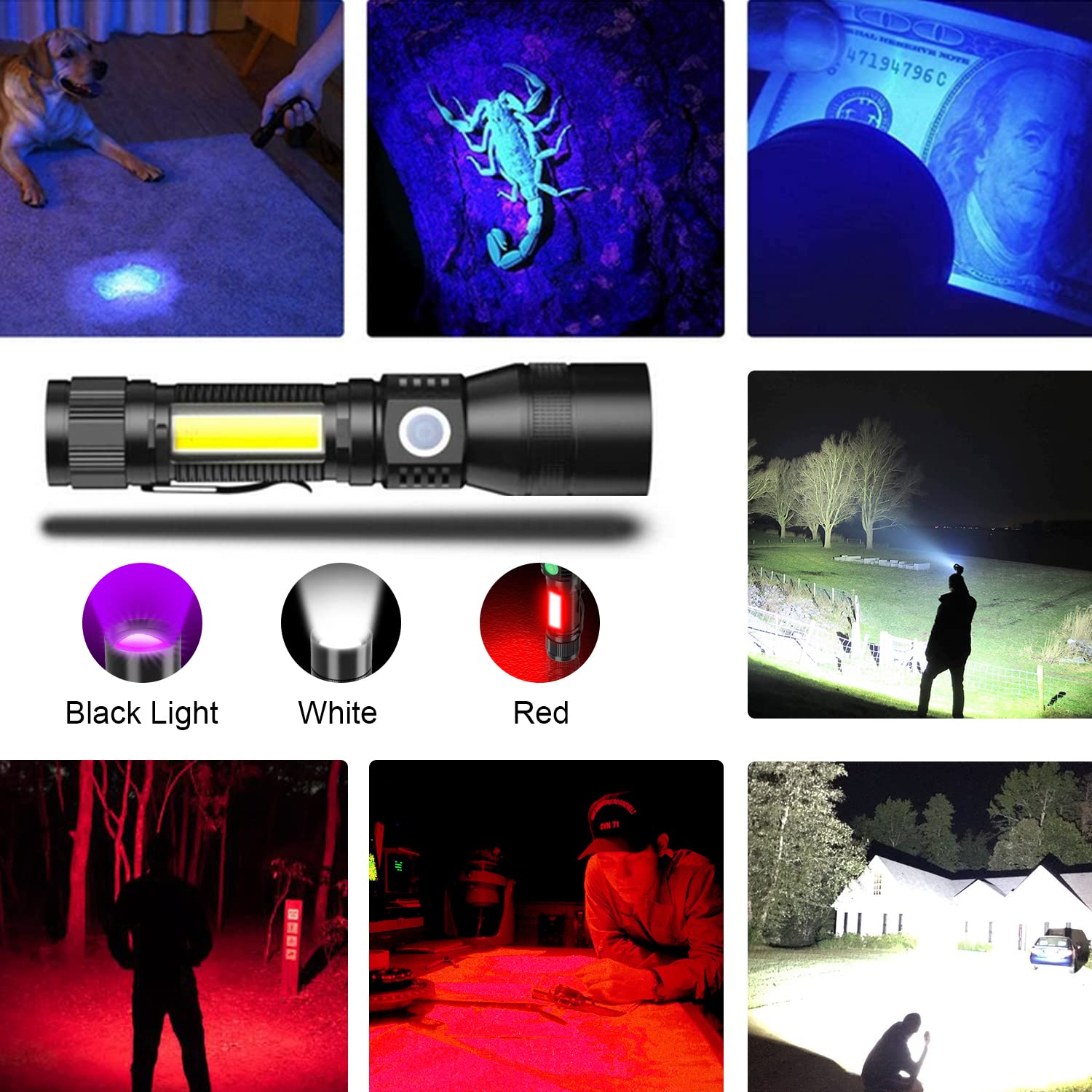 Spriak UV Flashlight, USB Rechargeable Magnetic Work Light, Zoomable, Waterproof, Black, Model S2016001, 1 Pack