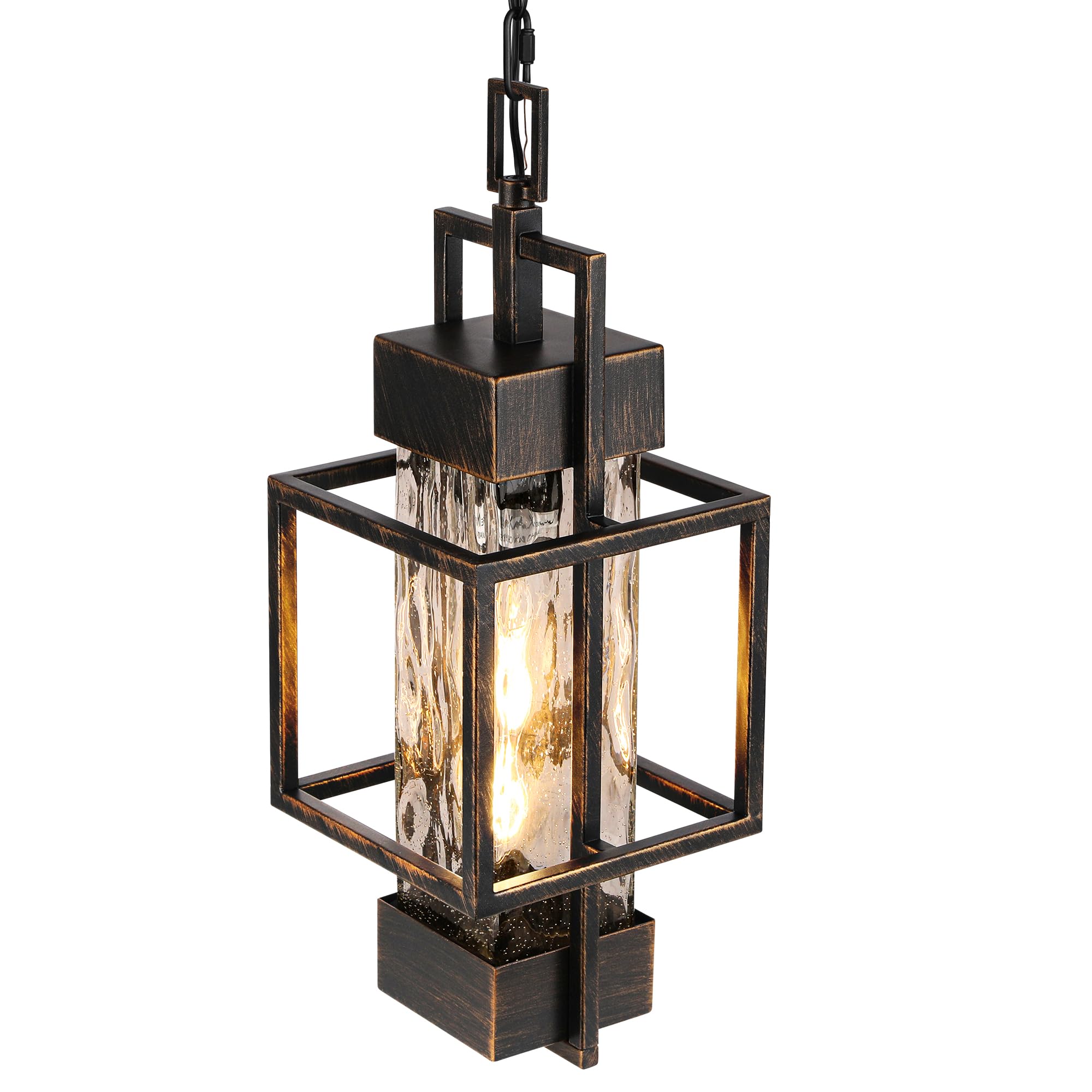 PARTPHONER 15in Outdoor Pendant Light, Black Brushed Gold Metal Chandelier with Water Glass, Model PACL034BB1