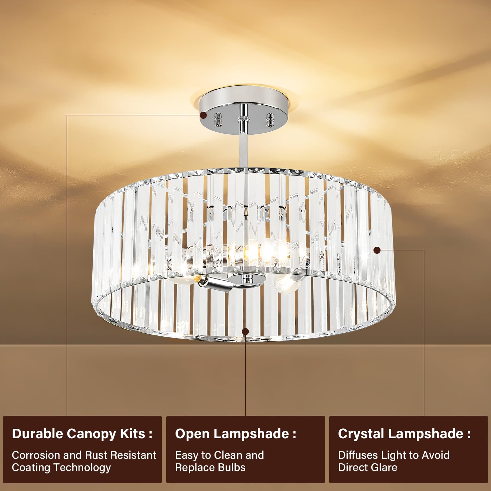 Pevfah Crystal Semi Flush Mount Ceiling Light Fixture, Chrome Modern 3-Light Chandelier Lighting, Round Ceiling Lights For Livin