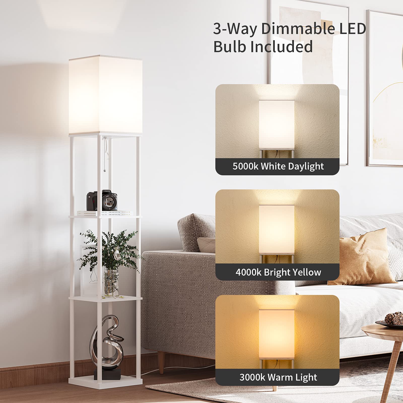 SUNMORY Shelf Floor Lamp with 3-Way Dimmable LED Bulb, Modern Wood Design, White Shade, Model L010401