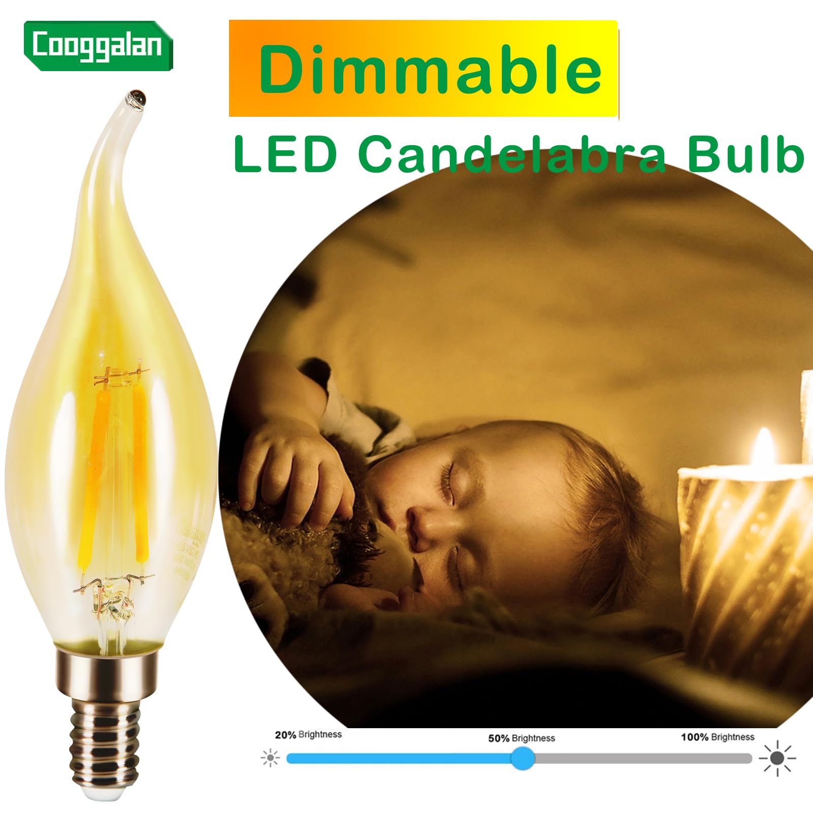 Cooggalan E12 Amber Candelabra Led Light Bulb Dimmable, 25 Watts Equivalent Flame Tip Chandelier Light Bulbs Ca11 2W, Filament D