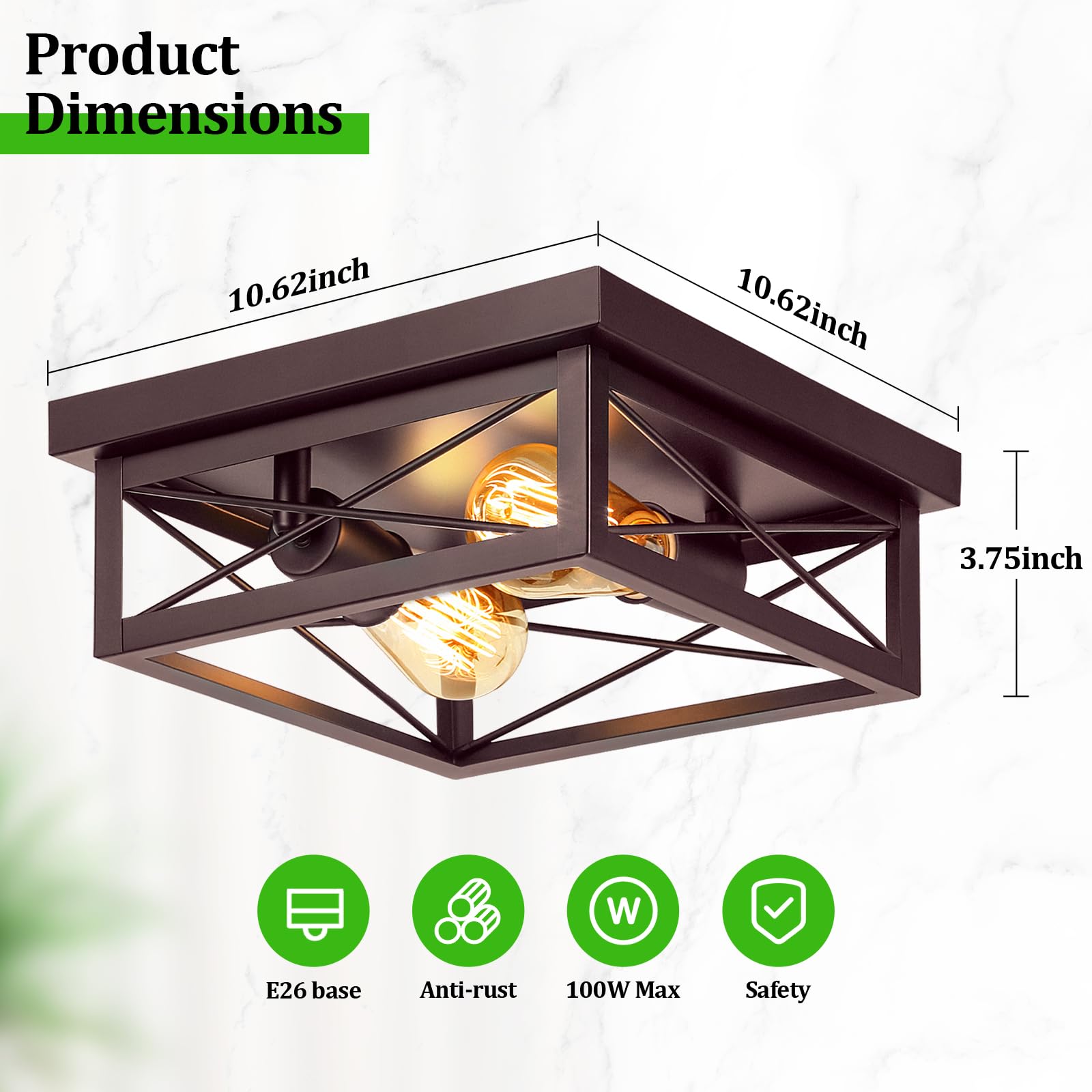 Brown Hallway Light Fixtures Ceiling, 2-Light Farmhouse Industrial Flush Mount Ceiling Lights, 2-Pack Modern Metal Kitchen Light