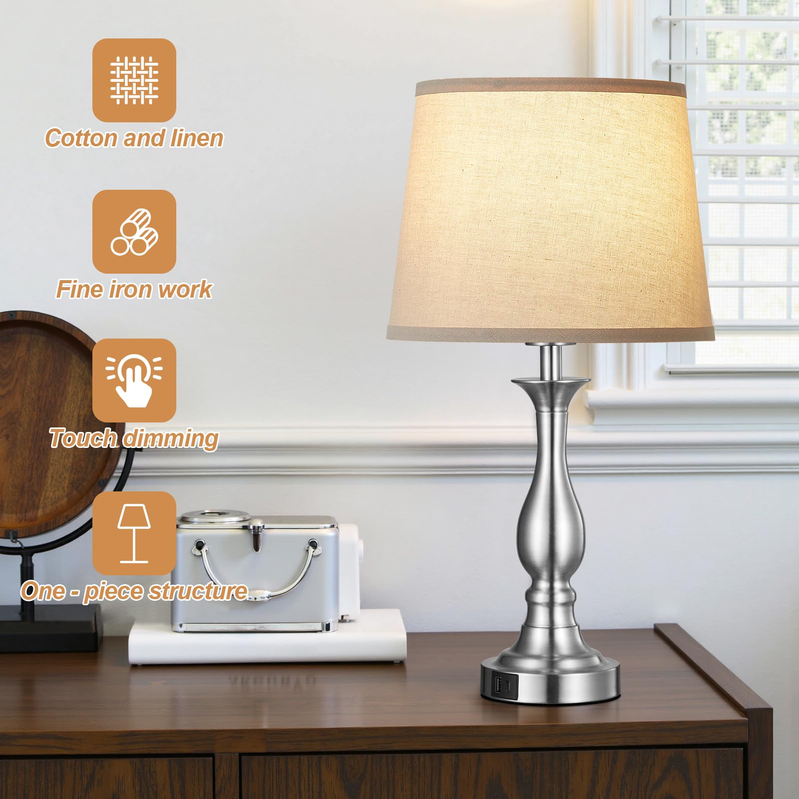 Lauag Bedside Table Lamp Touch Control 3 Way Dimmable with USB-C/A, Standard Size, Silver, Set of 2, Model L901