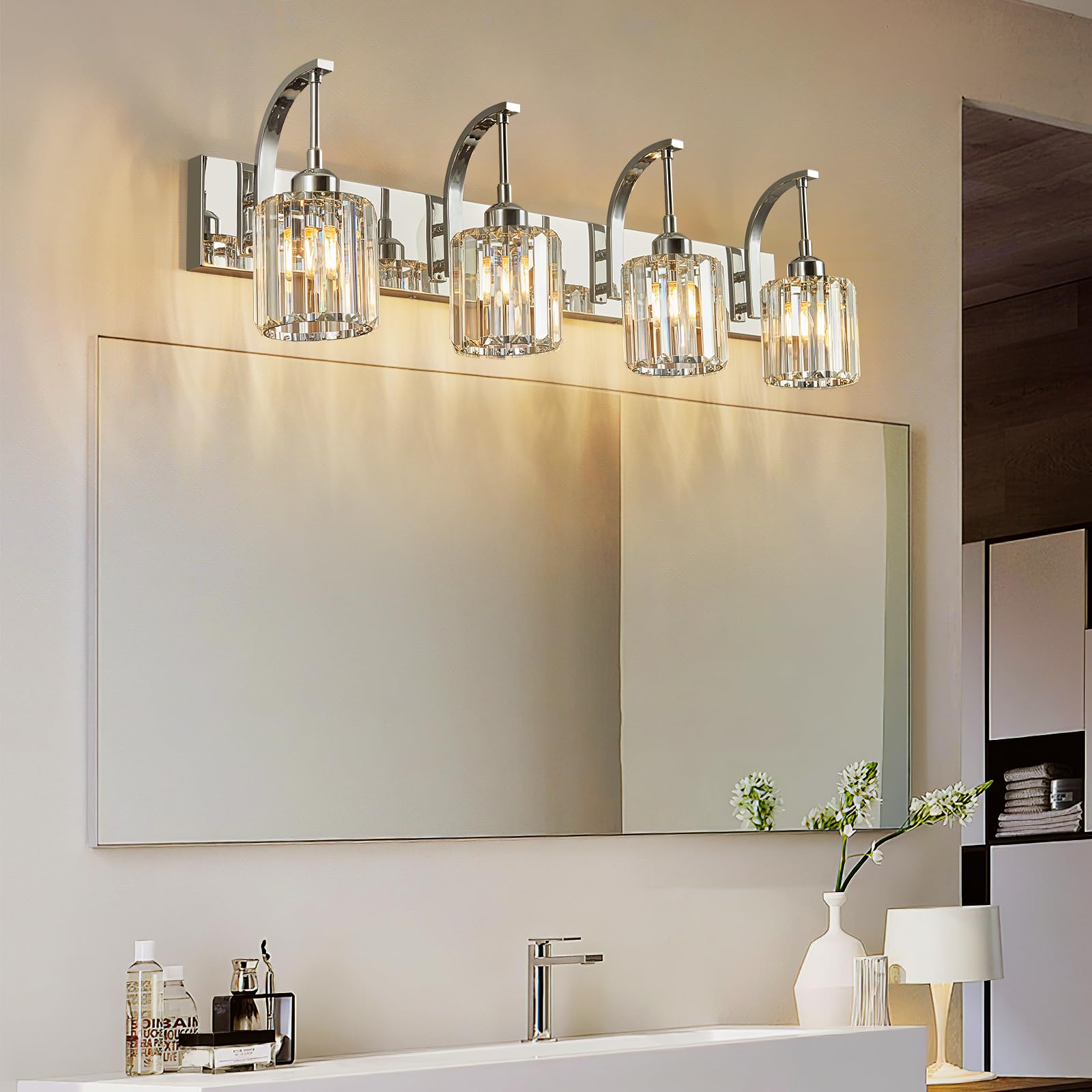 Fdpby 4-Light Crystal Vanity Light  Modern Chrome Bathroom Wall Sconce With K9 Crystal Shades  32.67 Long Over Mirror Lighting For Vanity  Makeup  Hallway  Elegant & Easy Install
