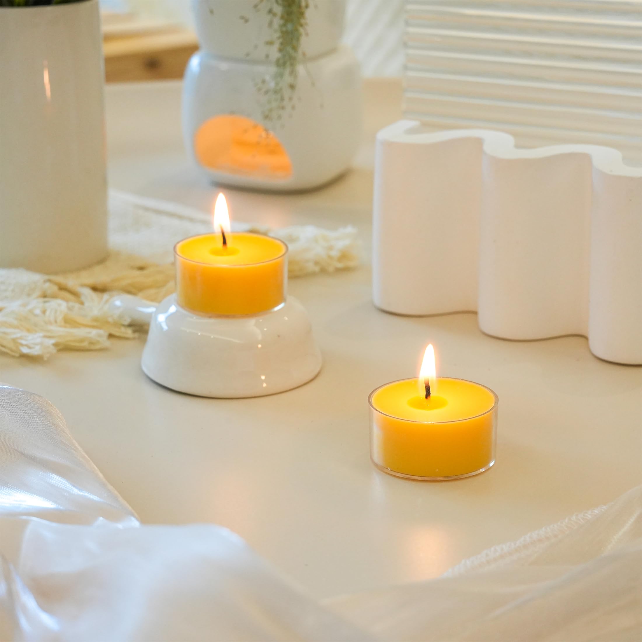 MUUFAZA 12 Unscented Natural Soy Tealight Candles in Clear Cups, 5H Long Clean Burning, Hand-Poured Yellow Mini Tea Candle Set f