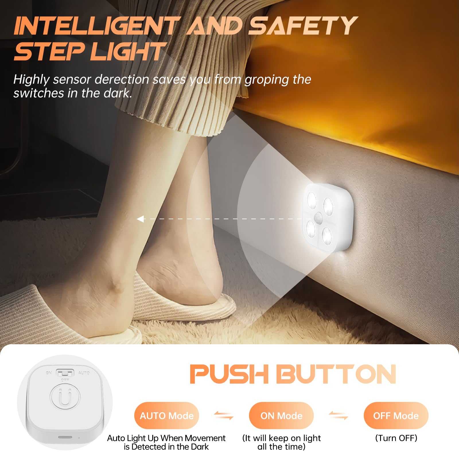 Lightbiz Wireless Step Light - RGB Motion Sensor Puck Lights, 3 Pack, Rechargeable, Under Cabinet, Colorful, Model C900-3