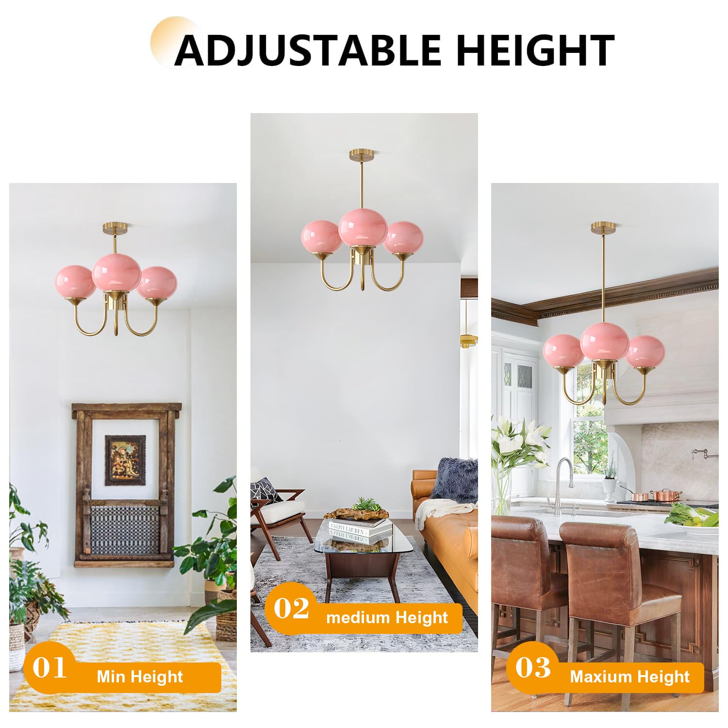 BOKT Modern Pink Sputnik Chandelier, 3-Light Brushed Gold Fixture, Adjustable Height, Mid Century Design, Model BP1110-3