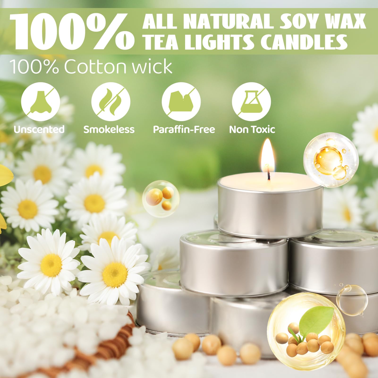 MAKALONE Soy Wax Tea Lights Candles, 100 Pack, 6 Hour Burn, Unscented White Tealights for Home, Weddings, Clean Burn