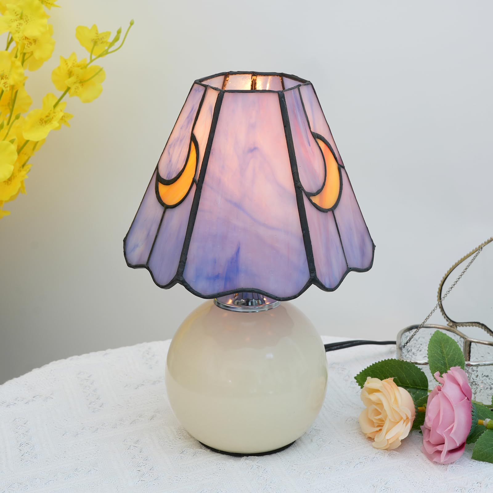 KIPHEPI Mushroom Lamp - Stained Glass Moon Lamp, Small Nightstand Desk Lamp, Purple, Model W-1062, Includes E26 Bulb, Home Decor
