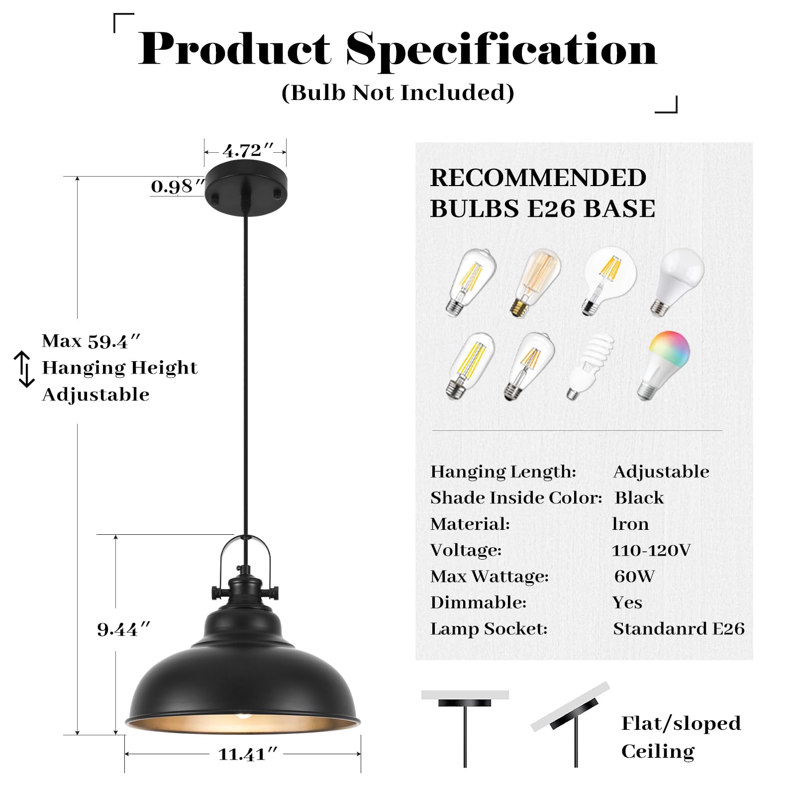 Guihualove Black Pendant Lights Kitchen Island, 11.4 Inch Dome Pendant Light, Farmhouse Pendant Light, Island Pendant Light For