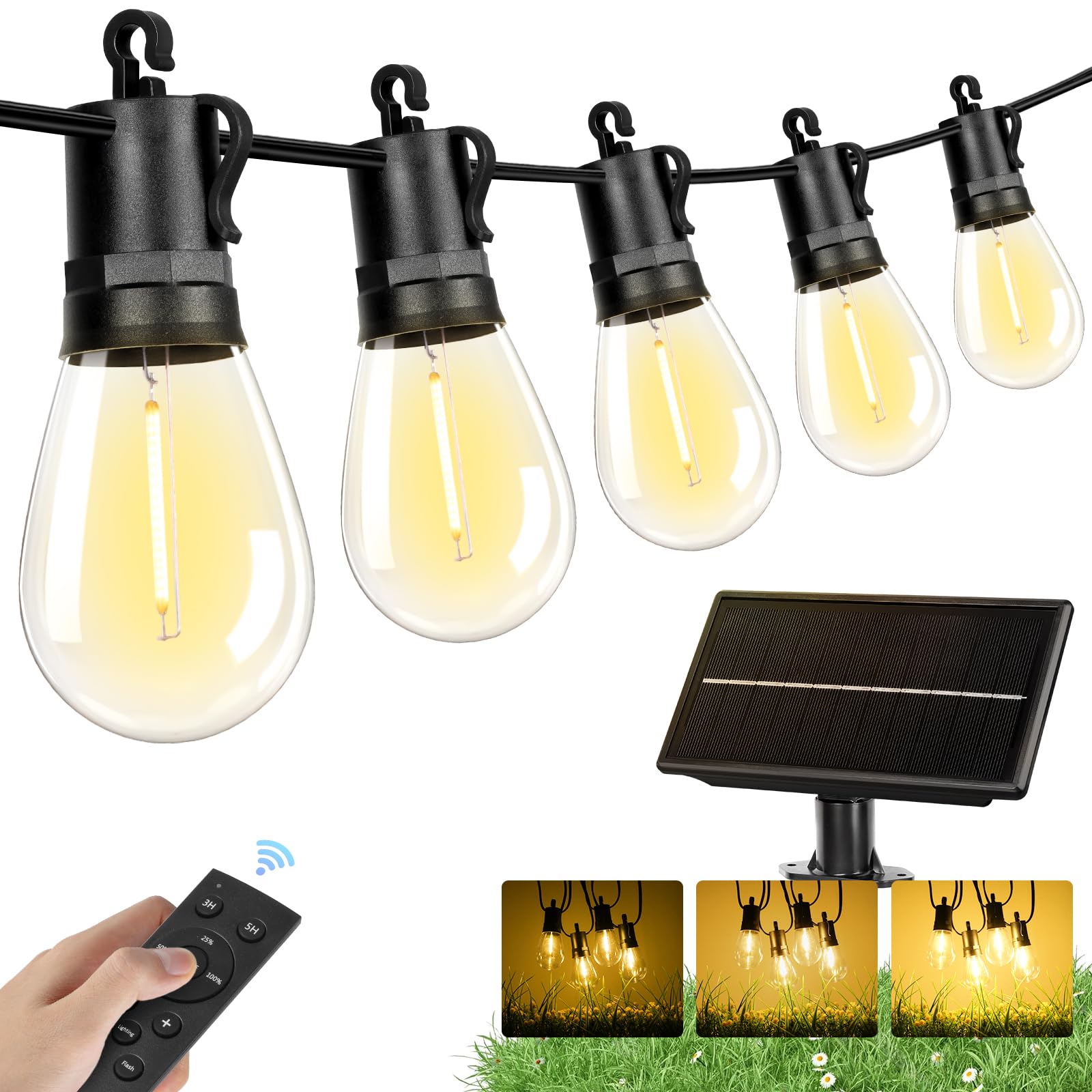 Brightever Solar String Lights For Outside, 50Ft Patio Lights Outdoor Waterproof Solar Powered, 3 Lighting Modes Dimmable, 15+1
