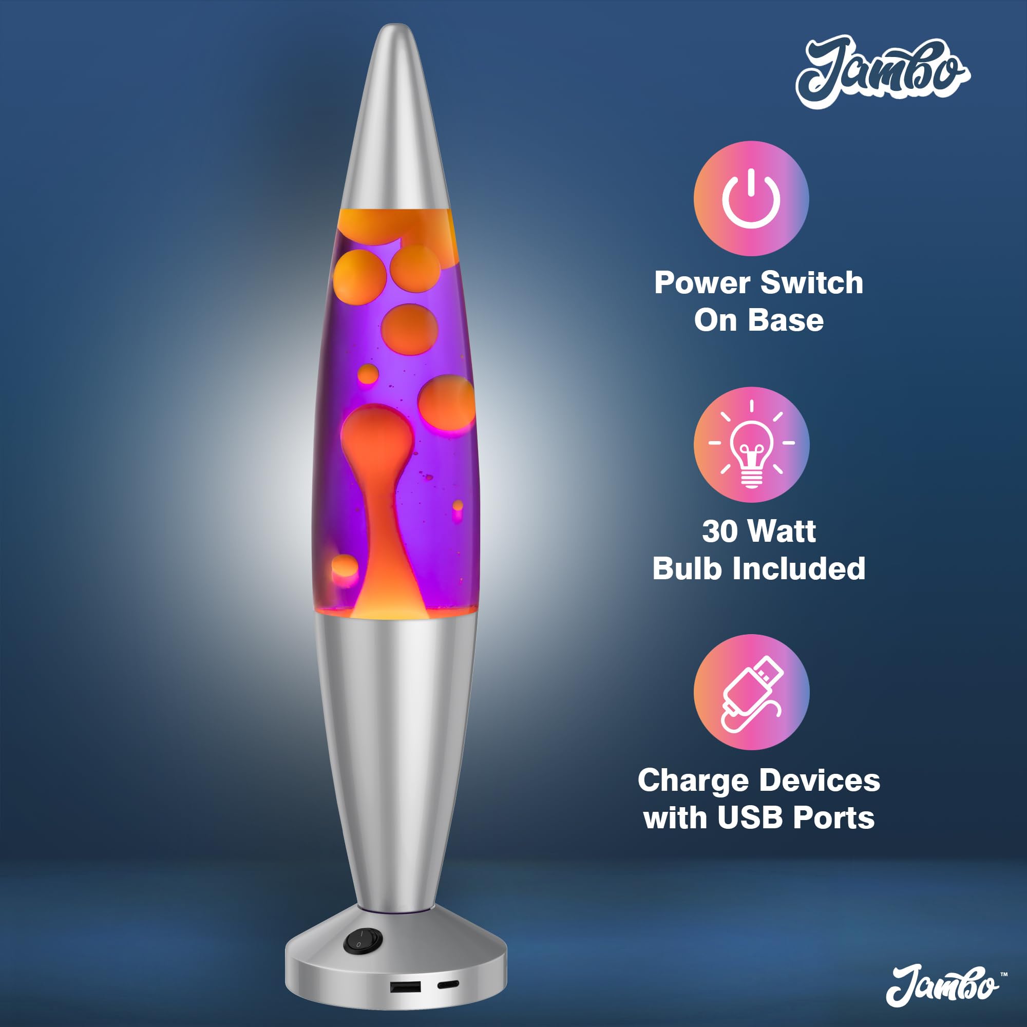 JAMBO 16in Liquid Motion Lamp with USB, Purple Liquid & Yellow Wax, Silver Base, Model 55000, Night Light for Home Decor