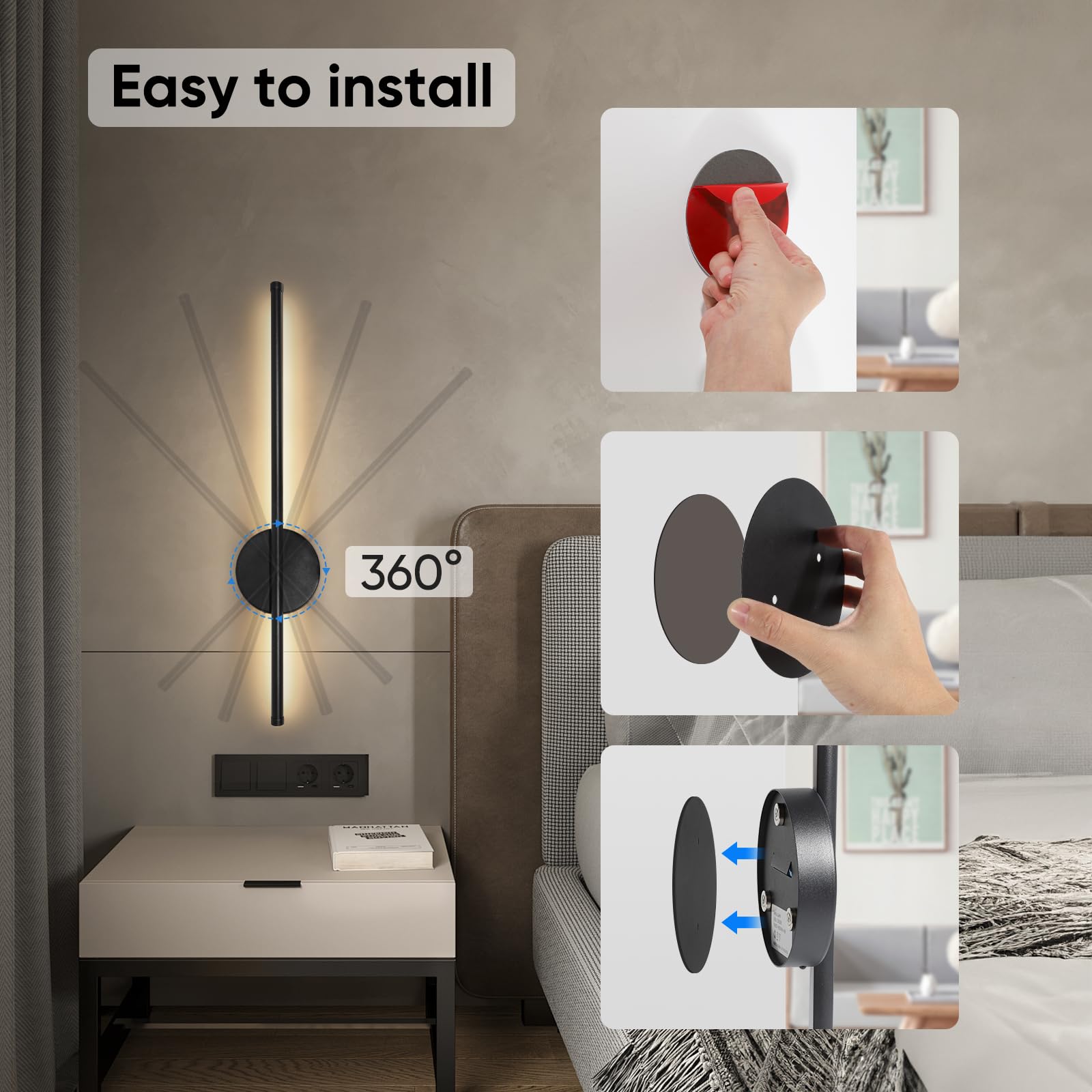 TaoFiaCo Battery Operated Wall Sconces Set of Two, 24 Inch Black Metal, Wireless Rechargeable with Remote, Dimmable Decor