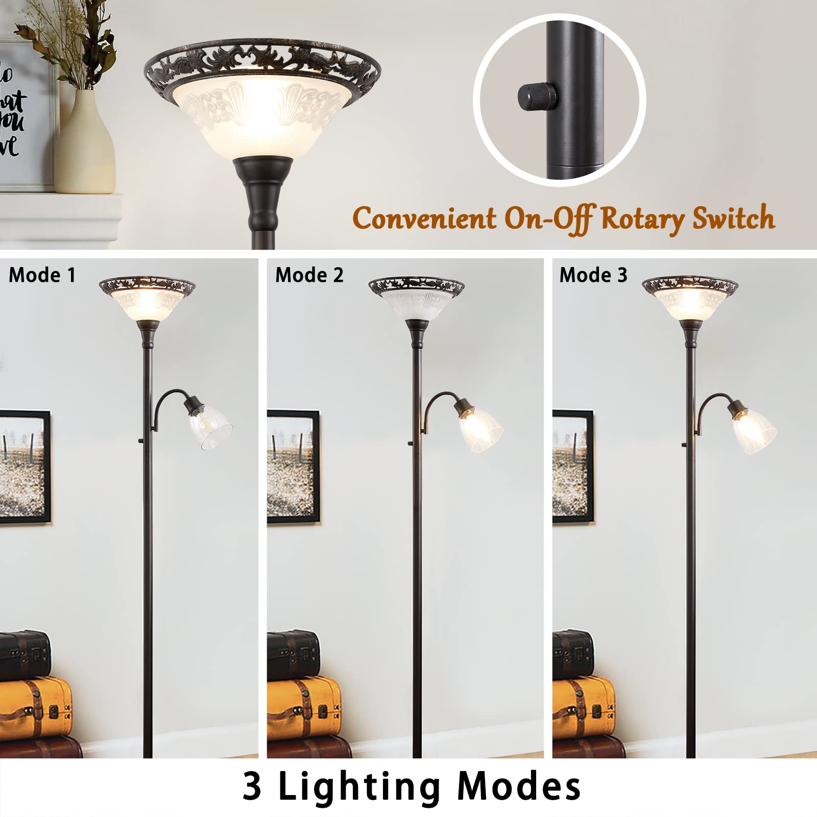 Floor Lamps For Living Room, 70'' Floor Lamp Standing Torchiere Lamp With Etched Glass Shade, Metal Pole & Heavy Base, Vintage T