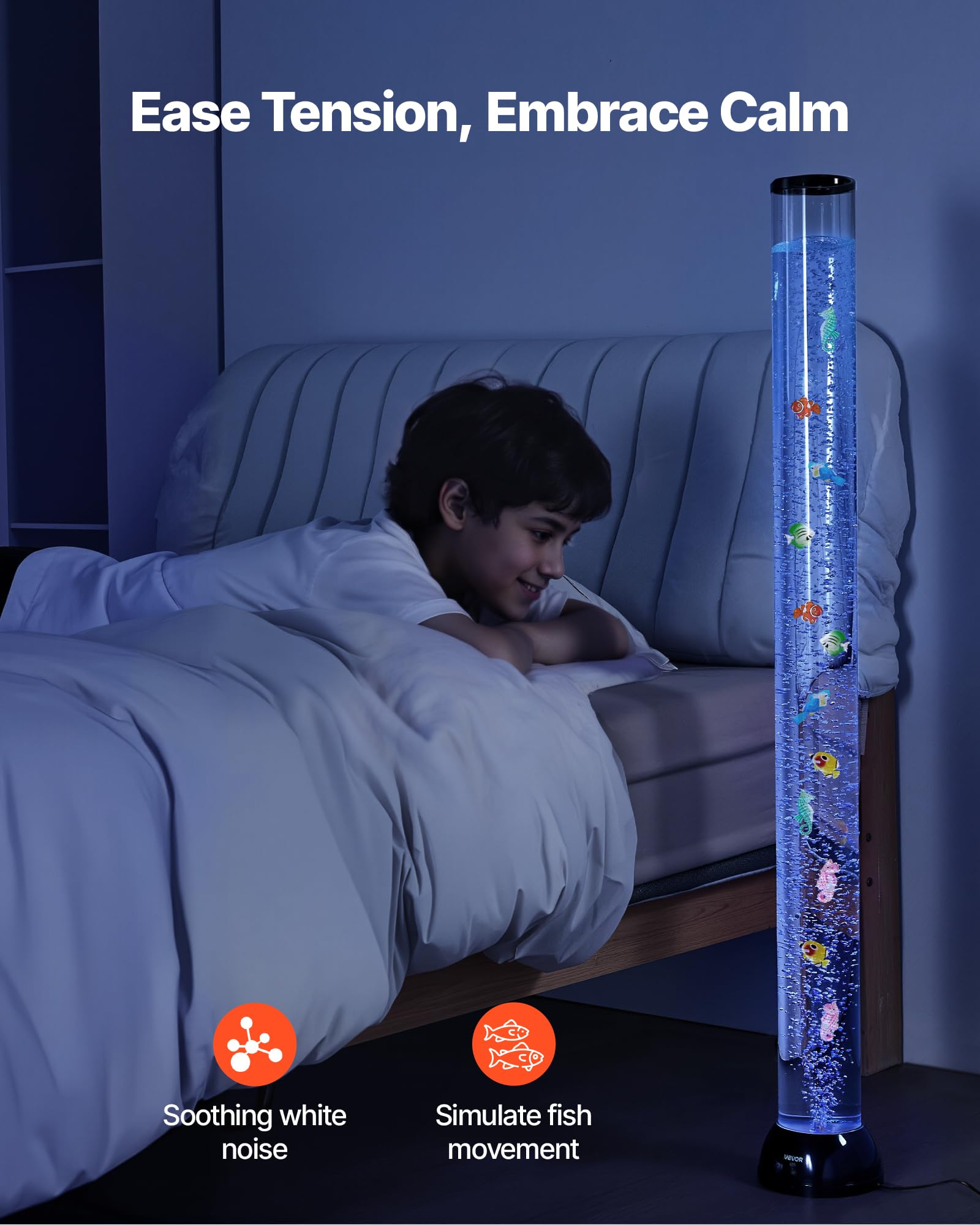 VEVOR Sensory Bubble Tube Lamp, 4 ft Bubble Fish Tube, Sensory Aquarium Lamp with 10 Floating Fish & 16 Color Effects, Remote Co