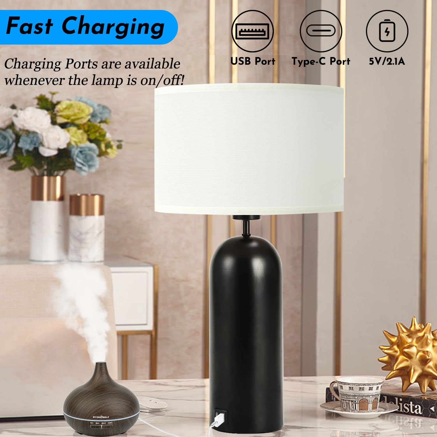 MoMyofdy 22-inch Table Lamps Set of 2 - Black & White Touch Control, 3-Way Dimmable, USB A+C Ports for Bedroom or Living Room