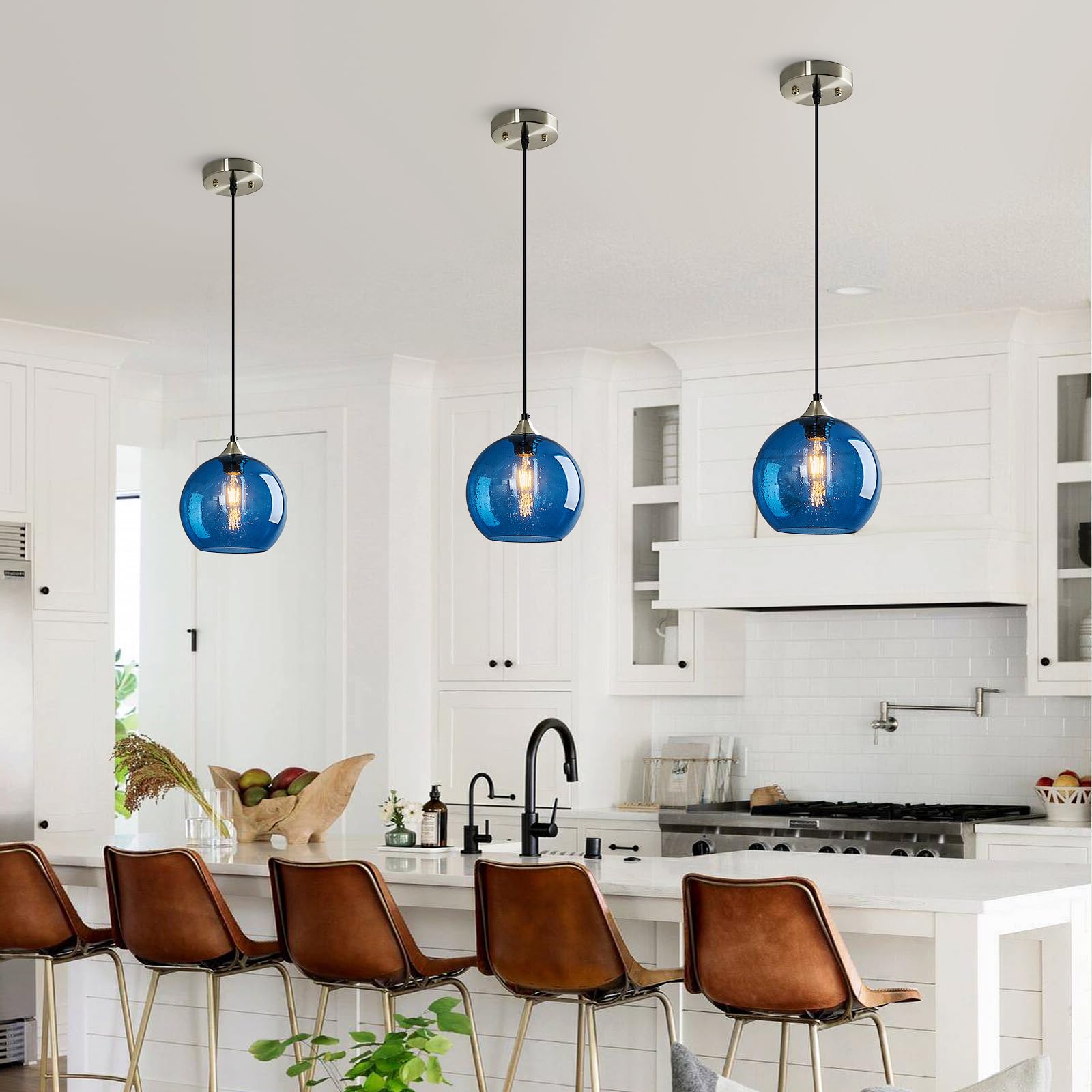 Lbsqj Blue Glass Pendant Lights Kitchen Island Lighting Globe Pendant Light Fixtures Modern Pendant Lighting For Kitchen Island Bedroom Living Dining Room Light Fixture(7.87In  1-Pack)