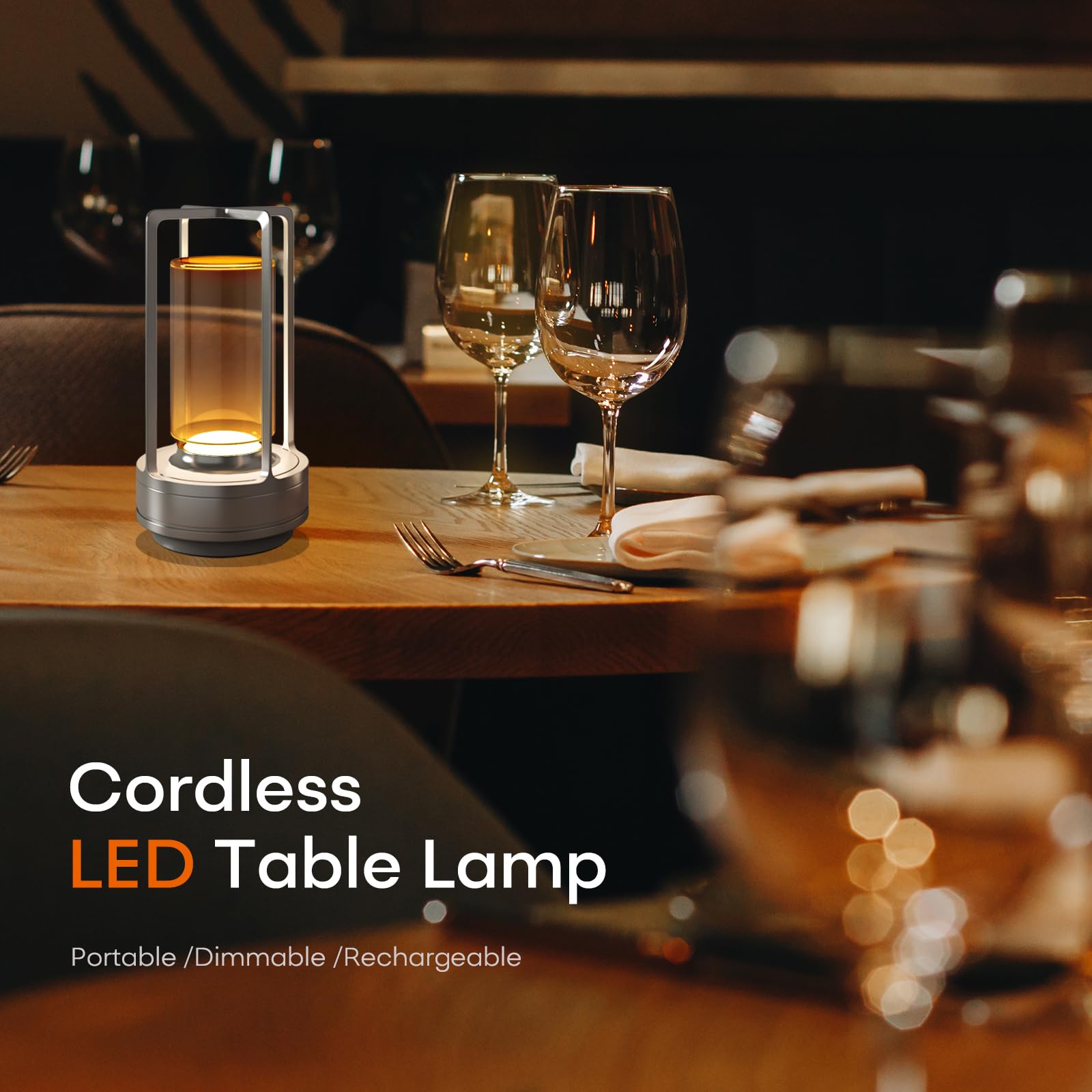 HAPYGI Portable Metal Table Lamp, Rechargeable LED, 3-Colour Dimming, Sliver Set of 2, Model A-LAMP