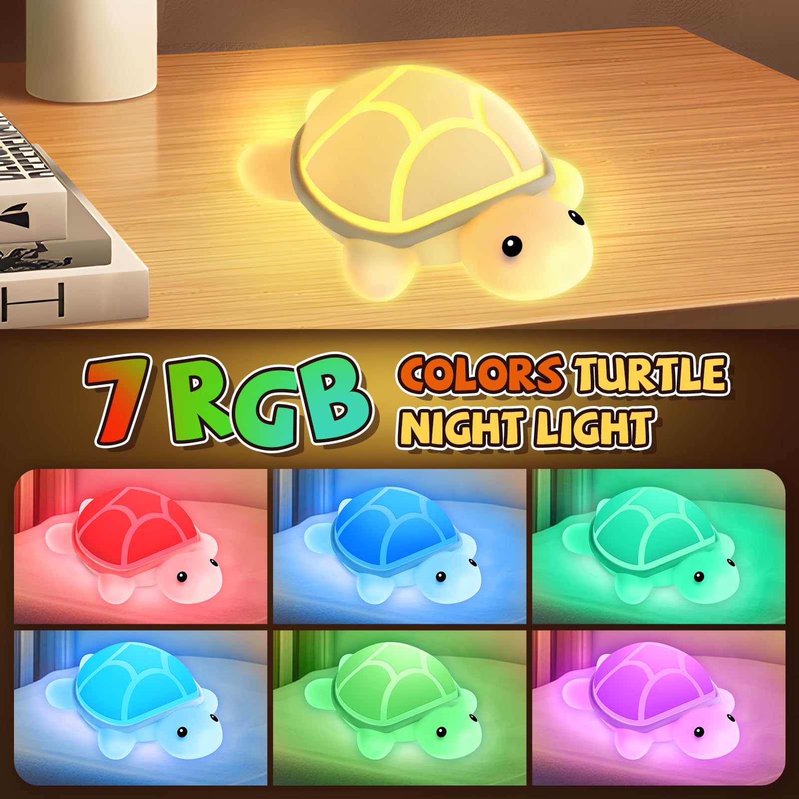 Gusweet Turtle Night Light - 7 Color Touch Control LED Lamp, Rechargeable Silicone, Ideal for Kids' Nursery and Bedside, Perfect Gift