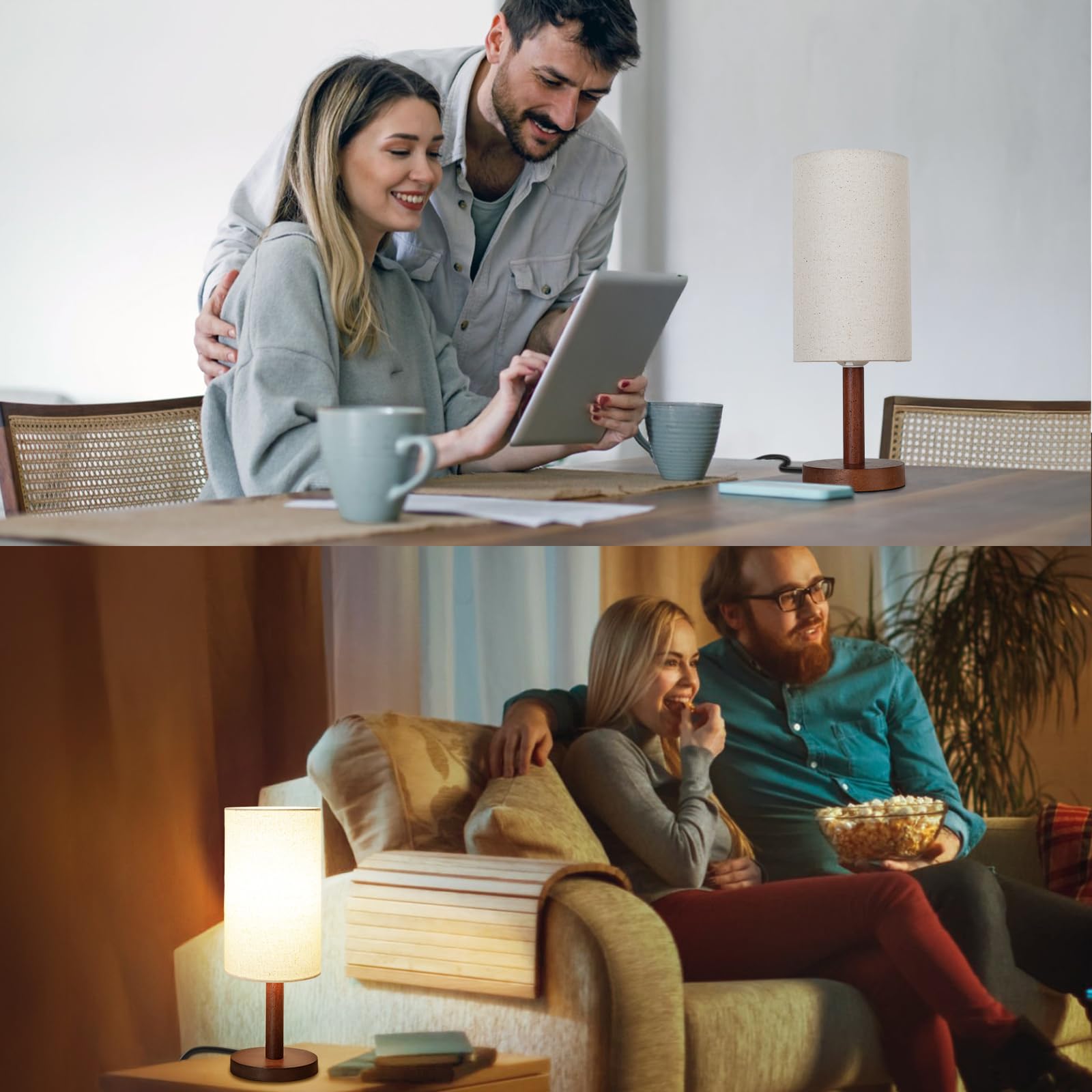 LALISU Small Table Lamp - Black-Walnut Wood Nightstand Lamp with Linen Lampshade, 5.9x4.7x17 inches, LED Bulb Included, Ideal for