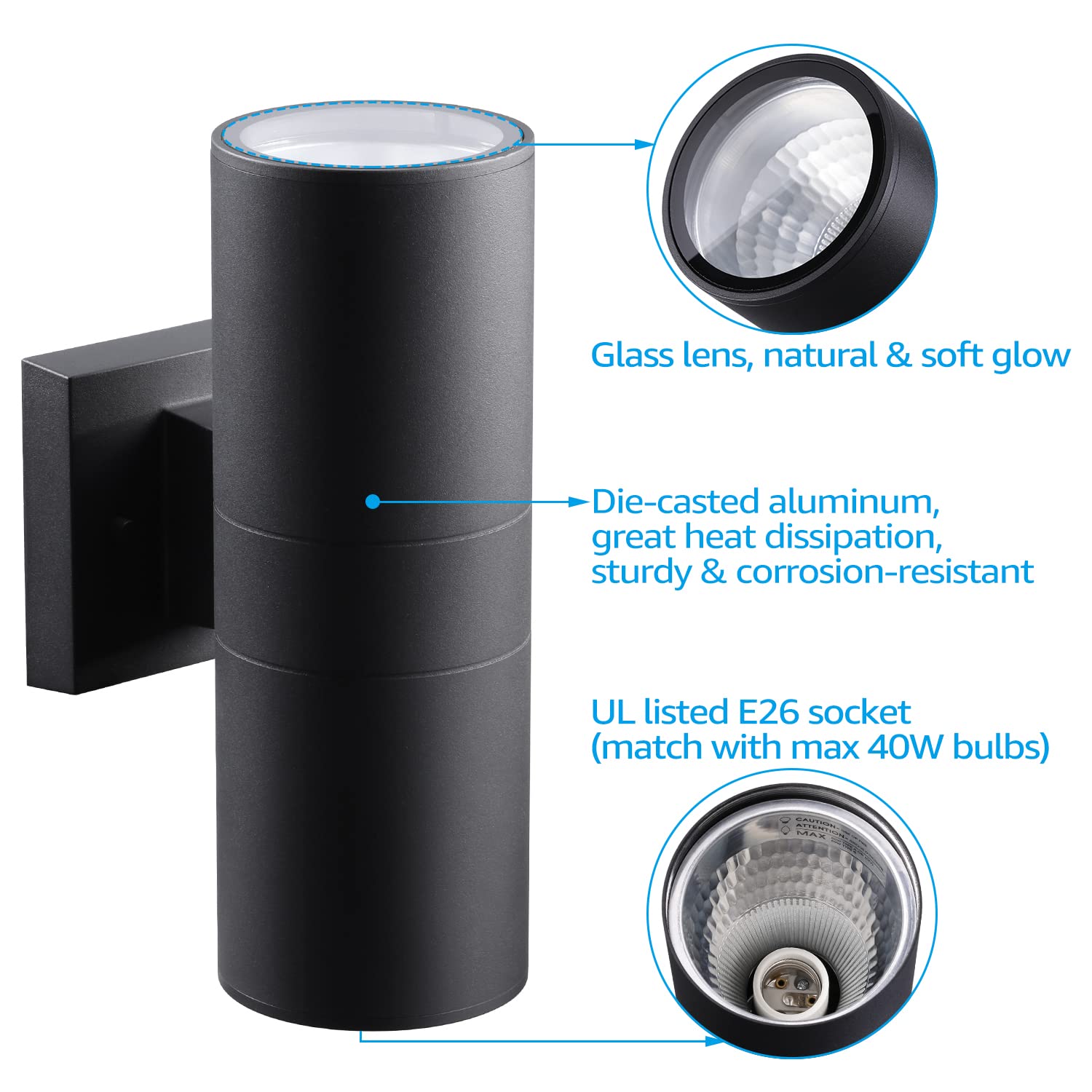 LEONLITE Modern Outdoor Cylinder Wall Lights, Matte Black, Aluminum, 7 Inch, ETL Certified, Pack of 2