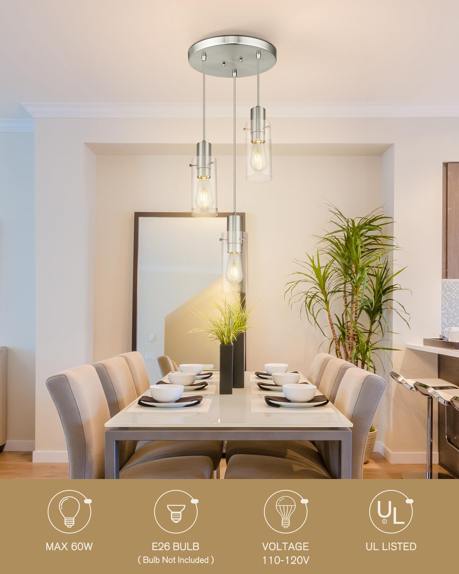 Emak Modern Brushed Nickel Pendant Light, Cluster Pendant Lights Kitchen Island With Clear Glass Shade, 3-Light Hanging Lights F