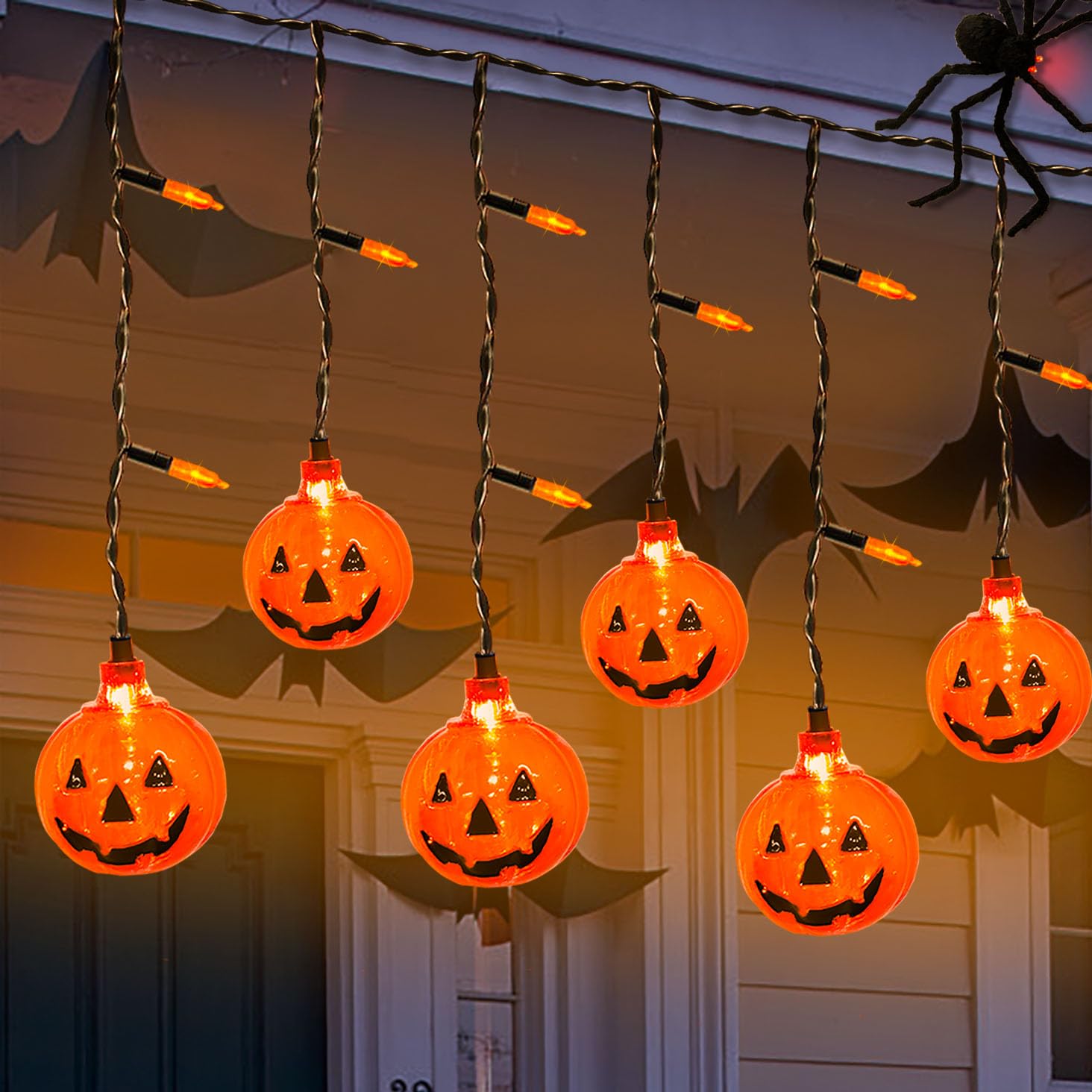 Halloween Pumpkin Curtain Lights, 25 Led 7Ft Halloween Pumpkin String Lights With 10 Jack O Lantern Lights Connectable For Halloween Window Bedroom Camper Party Decorations Indoor And Outdoor