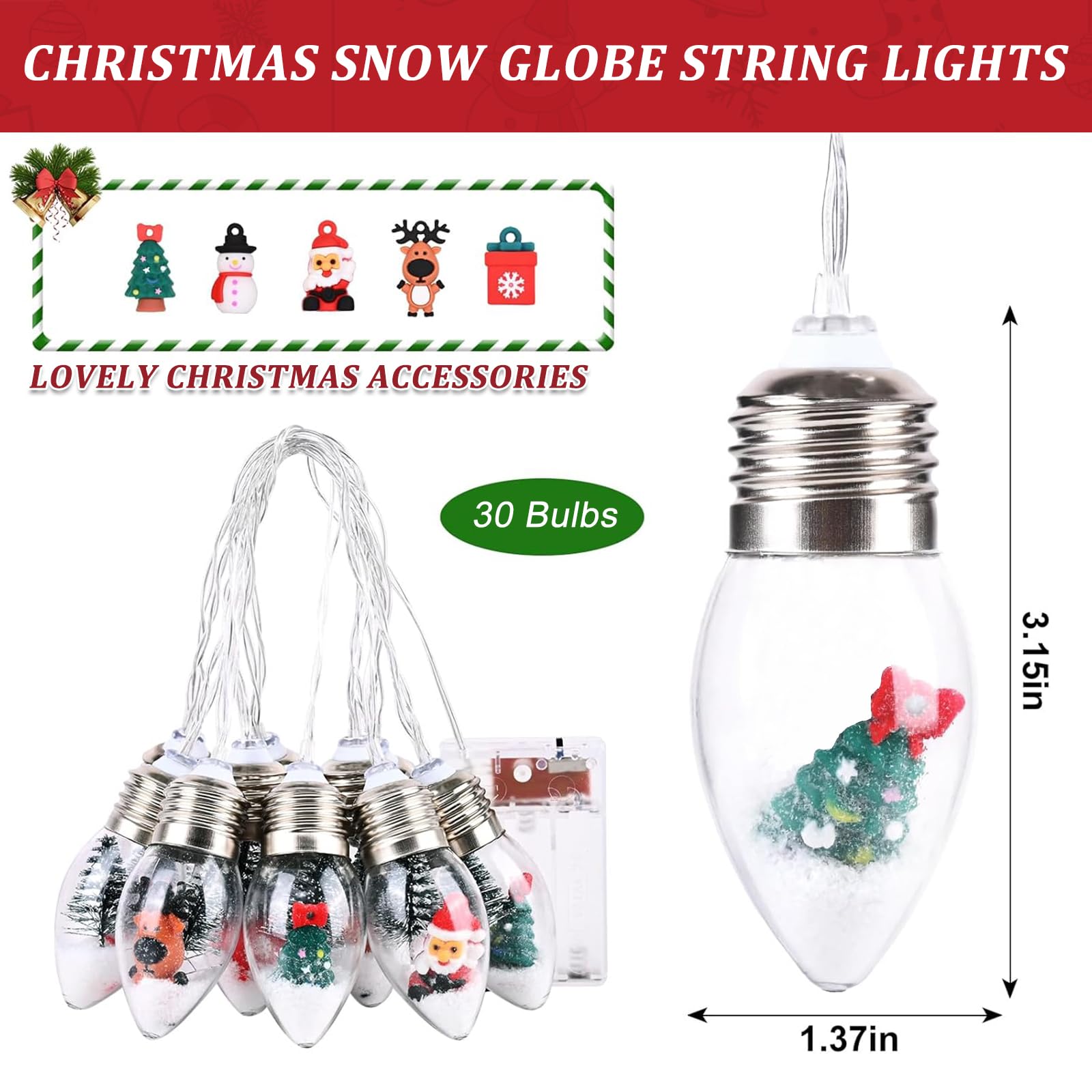 16.6Ft Vintage Christmas Lights For Indoor Bedroom Decorations - 30 Led Globe Bulbs String Light With Snow & Cute Ornaments For Home Patio Decor Fireplace Xmas Tree Decoration