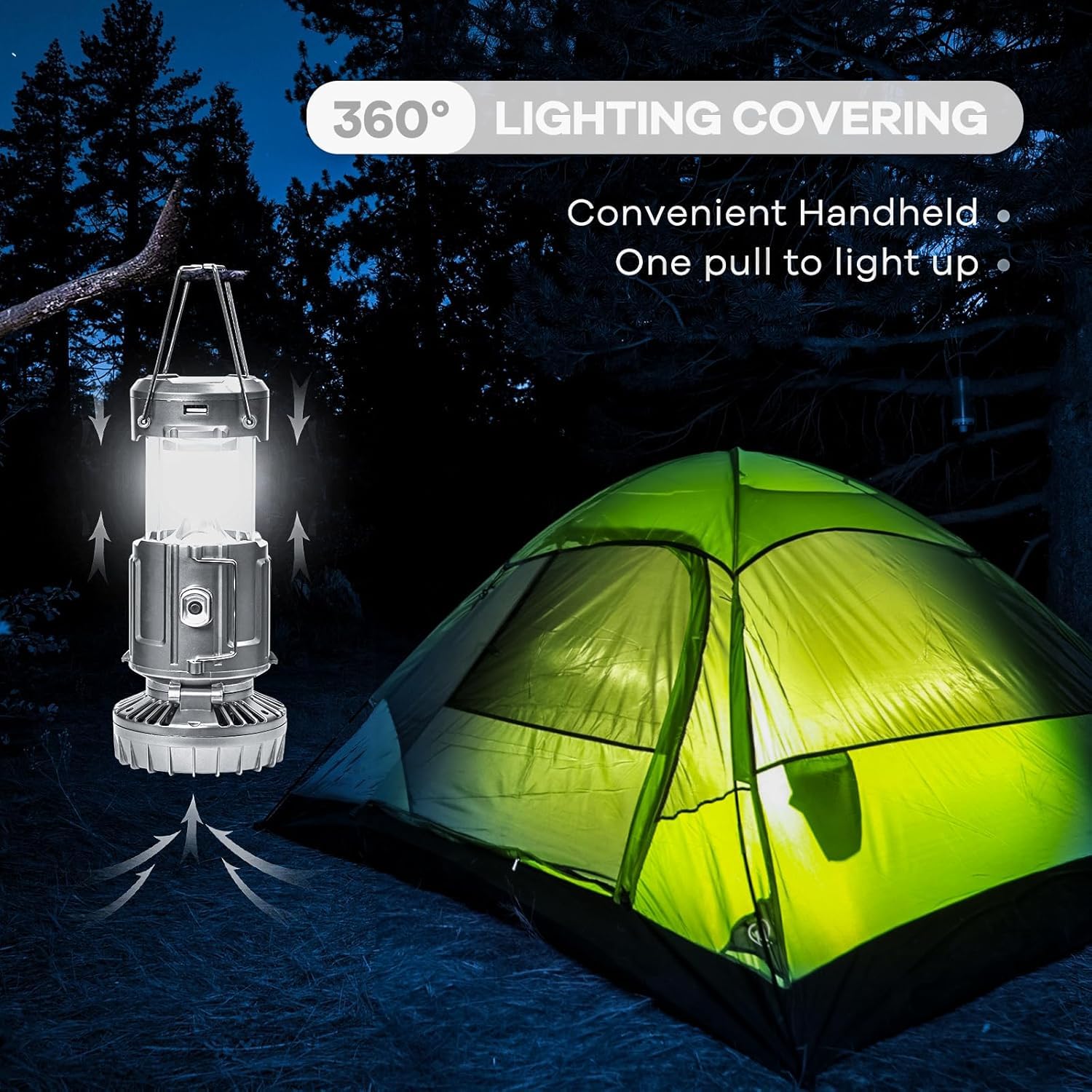 SZJIEIFR Solar Camping Lantern with Fan, USB Rechargeable, Battery Powered, Silver Gray, Model SFMD-002, Collapsible, 1 Pack