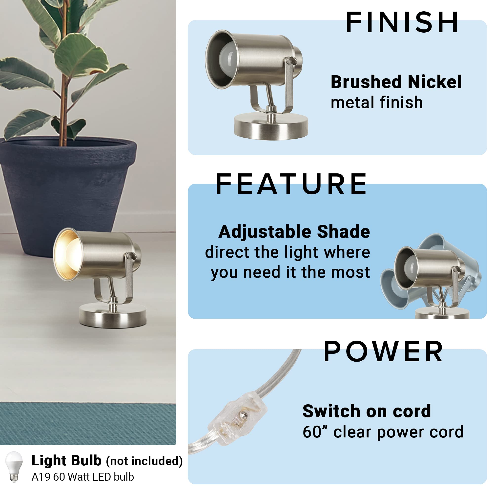 Catalina Lighting Modern Multipurpose Spotlight Desk Or Wall Mount Accent Lamp, 6'', Brushed Nickel, Pack Of 1