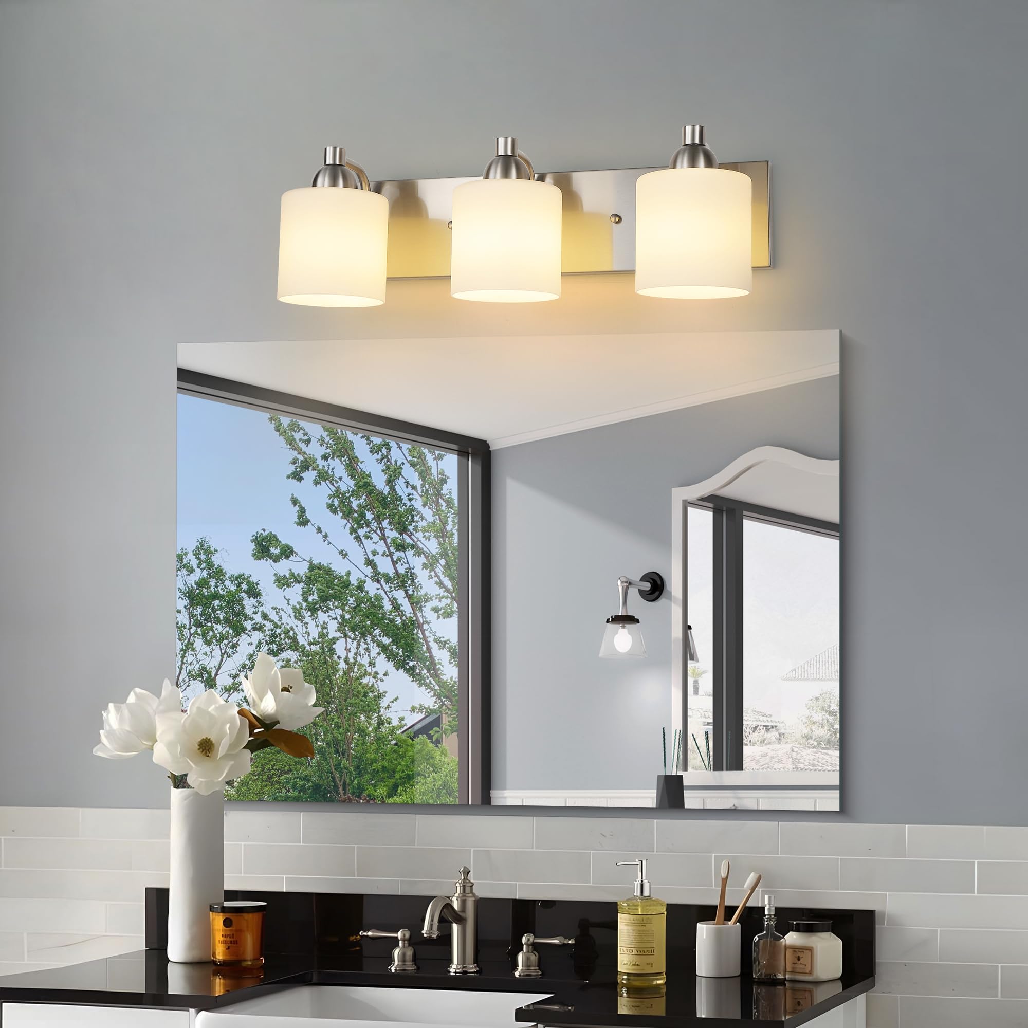 Mecgirn Stainless Steel Milk Glass Bathroom Vanity Light Over Mirror  3 Light Brushed Nickel Bathroom Light Fixtures With Frosted Glass  Modern Vanity Lighting Wall Mount
