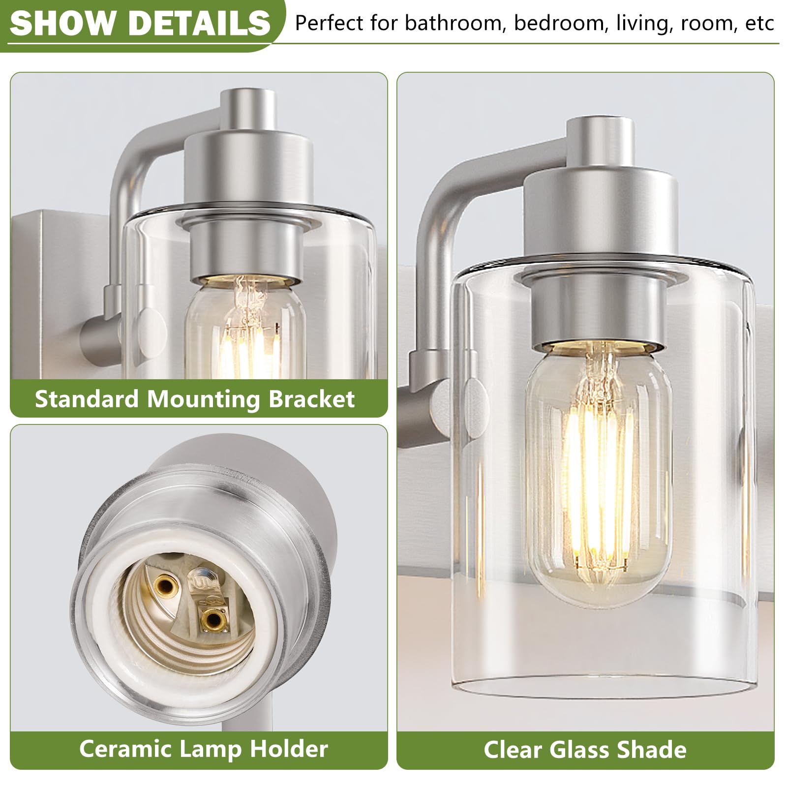 Dpyrrhic 3-Light Bathroom Light Fixtures, Brushed Nickel Wall Sconces with Clear Glass Shade, Model JD-190