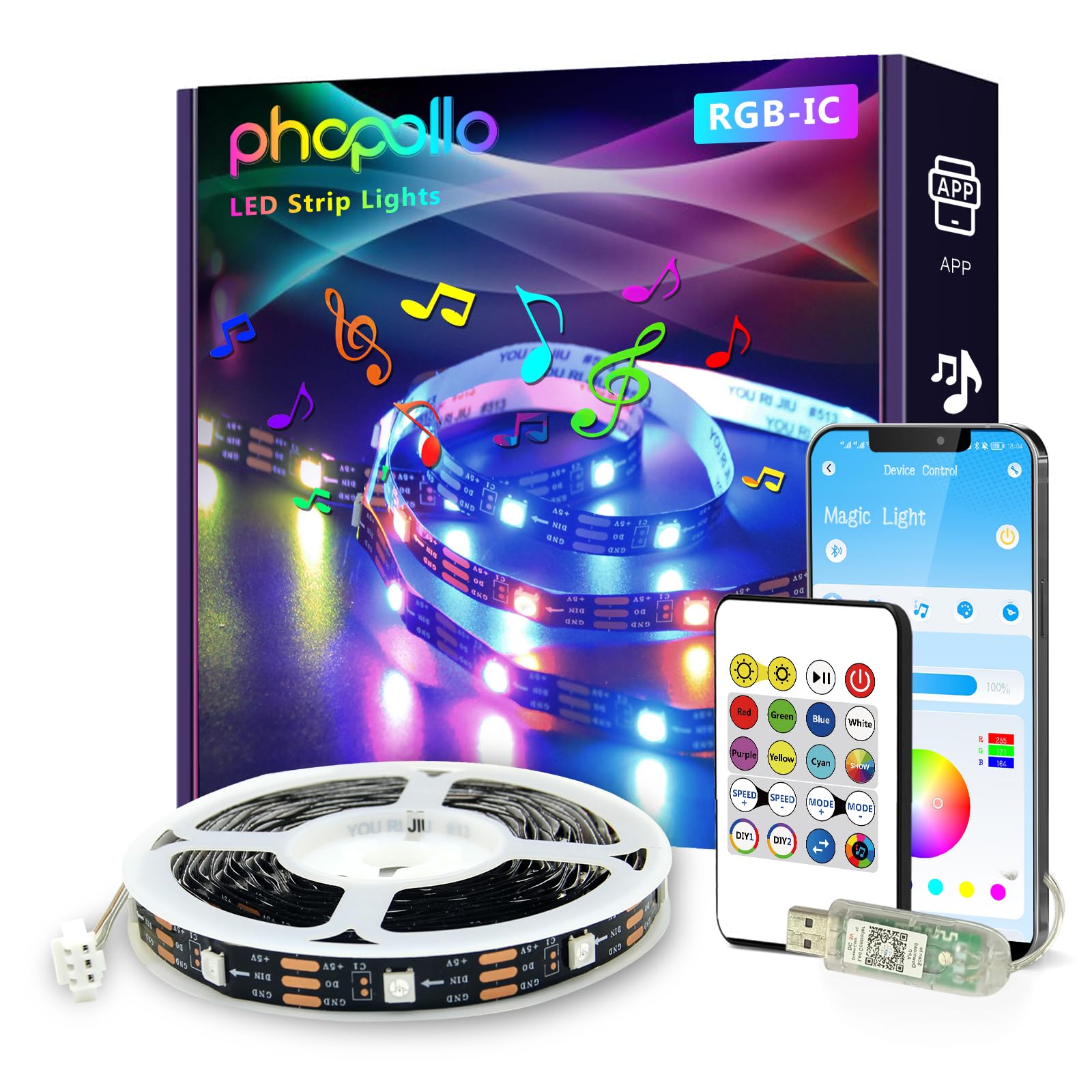 Phopollo Rgb Smart Ic Led Strip Lights, 16.4Ft Addressable Led Lights For Bedroom, Bluetooth App Control, Diy Multiple Colors On
