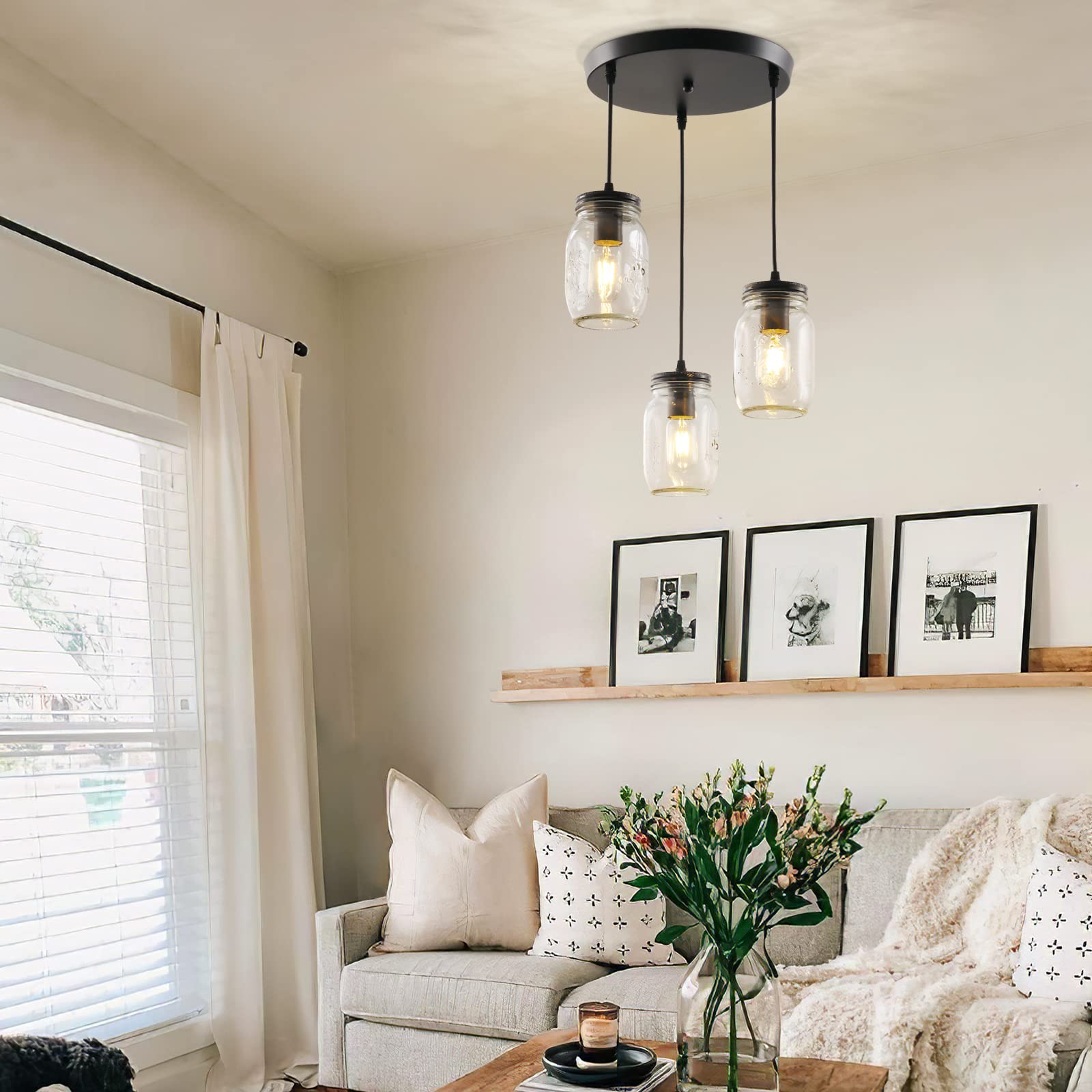 UShe DHome Mason Jar Pendant Light, 3-Light Adjustable Chandelier, Glass, Farmhouse Style, Model AY-0836-3P-BK, Ideal for Kitchen/Dining Room