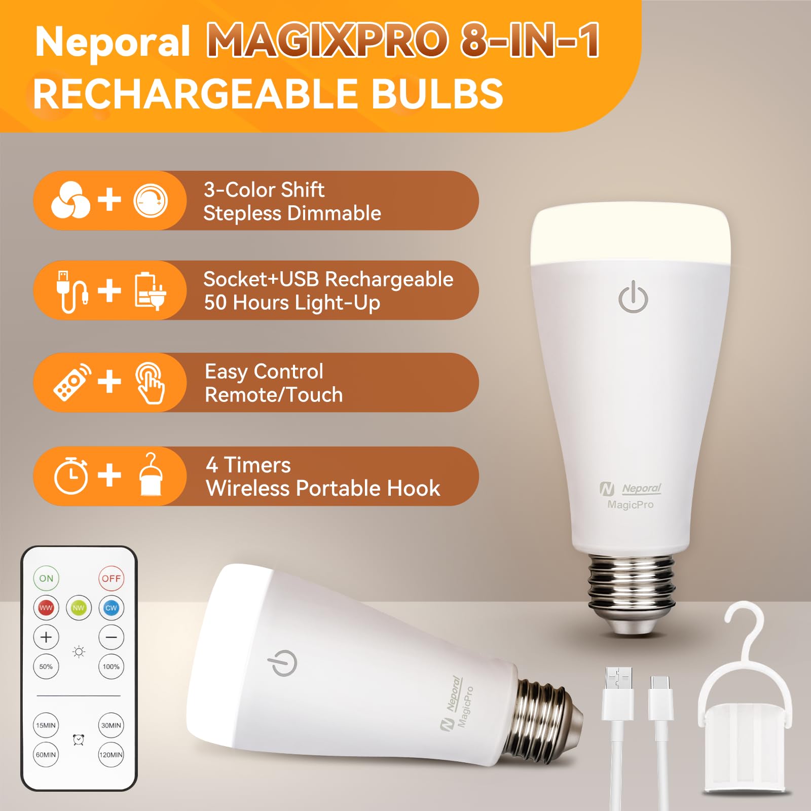 Neporal Magixpro Rechargeable Light Bulbs With Remote, Usb + Socket Rechargeable, 1800Mah Large Battery Light Bulb, 3 Color Shif