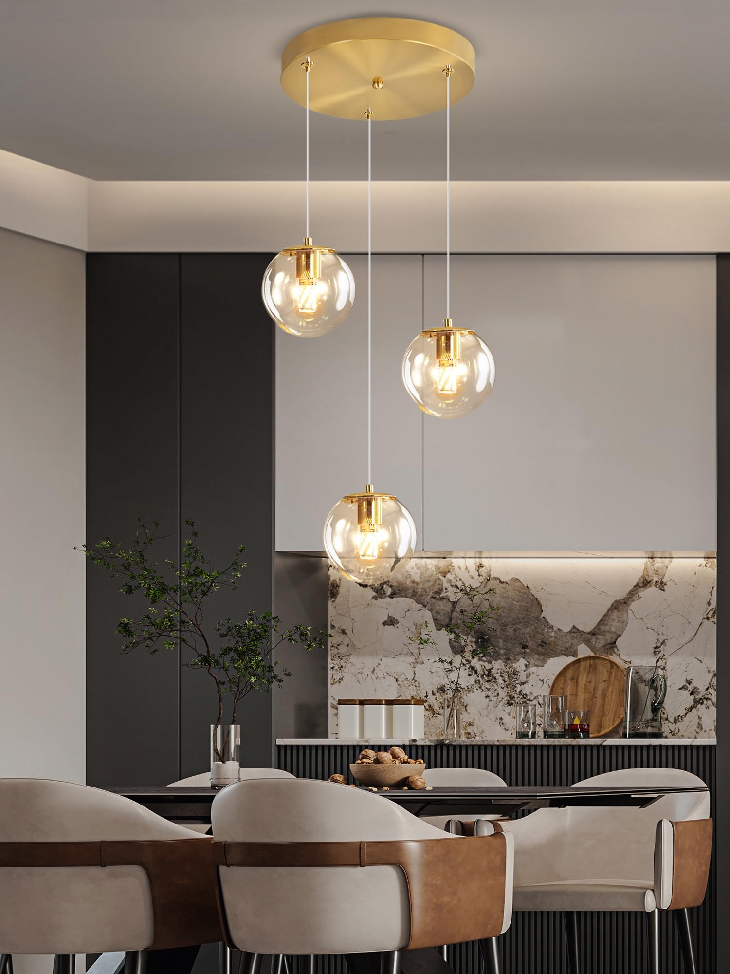 Ykolupty 3-Light Modern Gold Pendant Light Hanging Fixture Light For Kitchen Island Mid Century Globe Pendant Light Glass Chande