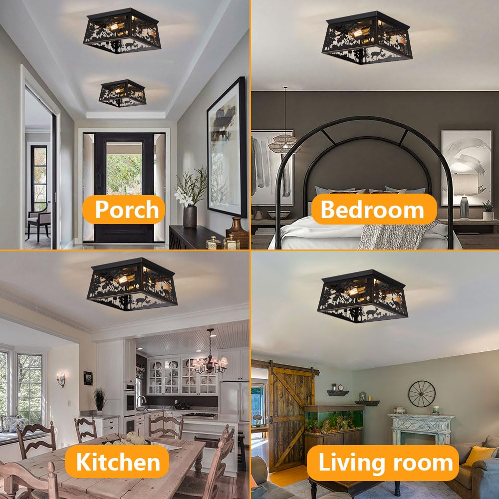 Black Semi Flush Mount Ceiling Light Fixture, Rustic Cabin Deer Ceiling Light Fixture, Metal Country Farmhouse Ceiling Lamp For