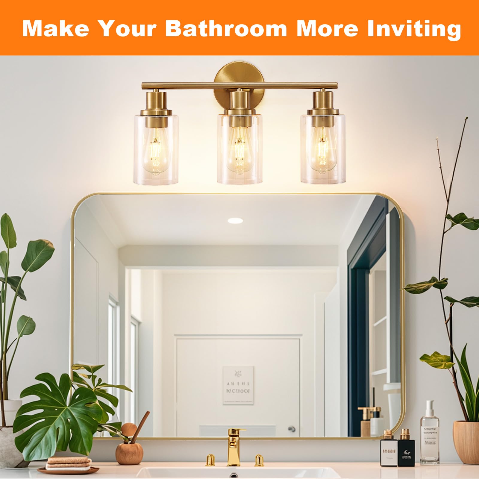 Dllt 3-Light Bathroom Light Fixtures: Gold Modern Vanity Wall Lights With E26 Bulbs - Clear Glass Shade Bathroom Wall Lamp For M