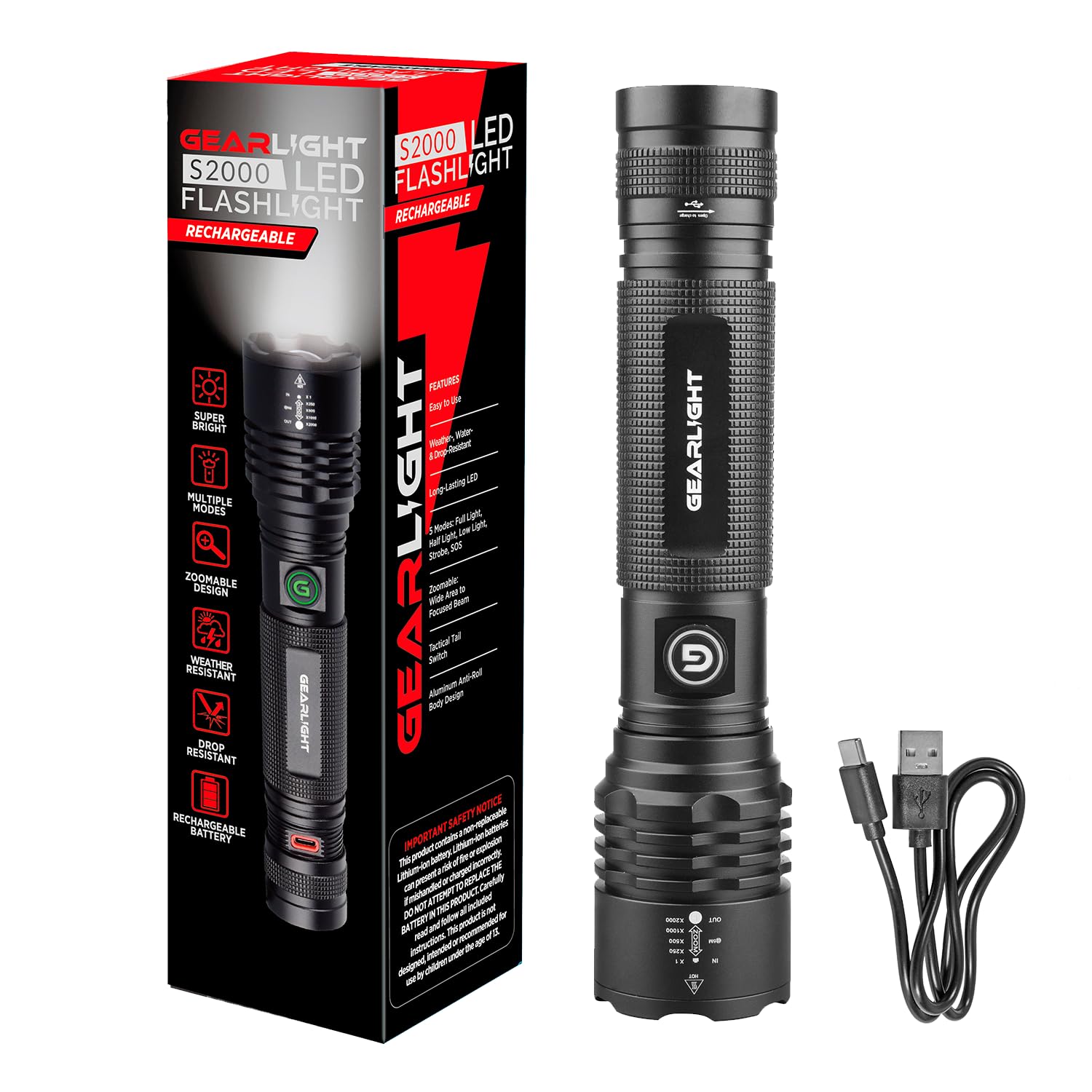 Gearlight S2000 Led Rechargeable Flashlight High Lumens - Super Bright, Powerful, Mid-Size Tactical Flashlight For Outdoor Activ