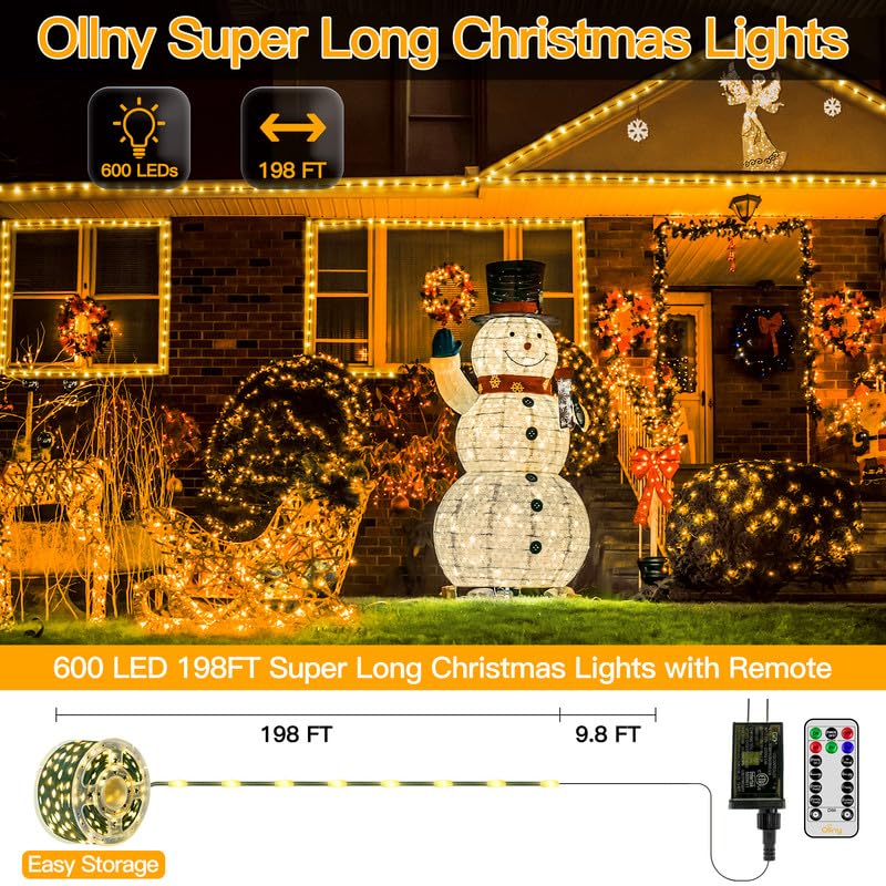 Ollny Christmas Lights, 198 FT, 600 LED, Waterproof, 8 Modes, Remote Timer, Warm White, Model HG-29V610C