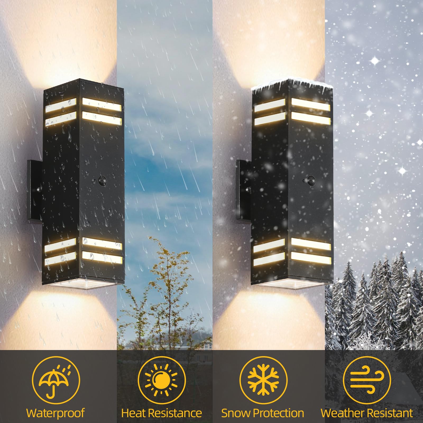 SHIMR Motion Sensor Outdoor Wall Lights, ETL Listed, Aluminum, 2 Pack, Black, Model S1, Dusk to Dawn, LED Bulbs Included