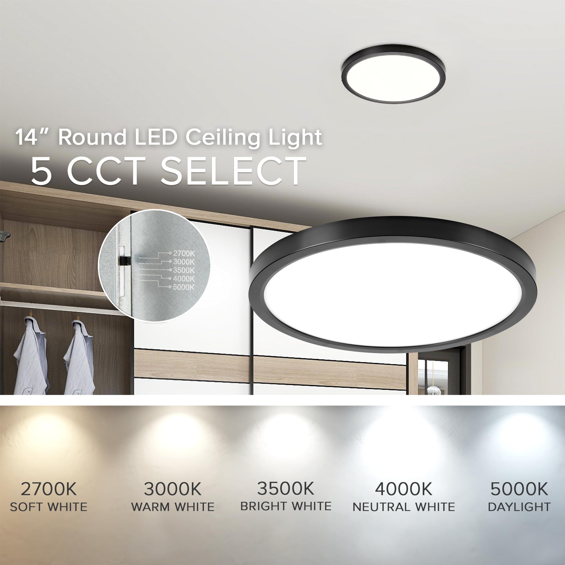 Maxxima 14 In. Led Flush Mount Ceiling Light, 2400 Lumens, 5 Cct 2700K/3000K/3500K/4000K/5000K Panel Light, Black Trim Round Fix