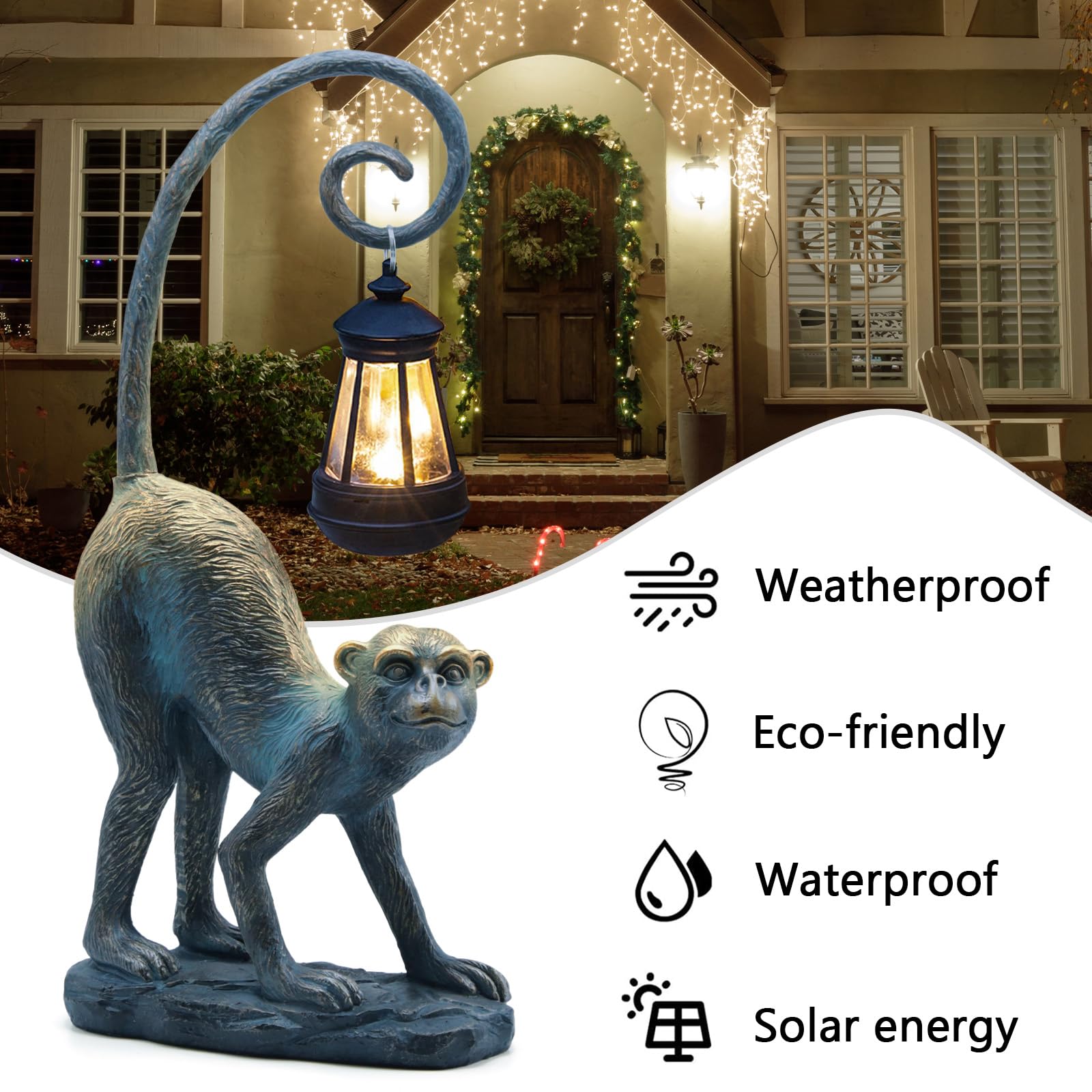 IVCOOLE Resin Monkey Statue with Solar Light - Large Bronze Garden Decor, Model IVCOOLE -002