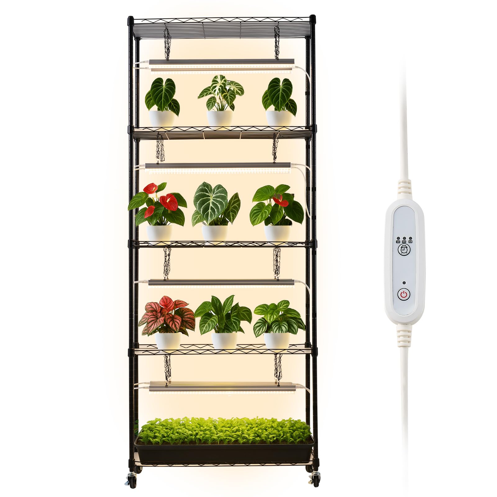 VEVOR Plant Shelf with Grow Light, 6-Tier Indoor Plant Stand, 71 in Tall Plants Display Rack with Wheels & 4/9/14H Timer, 80W T5