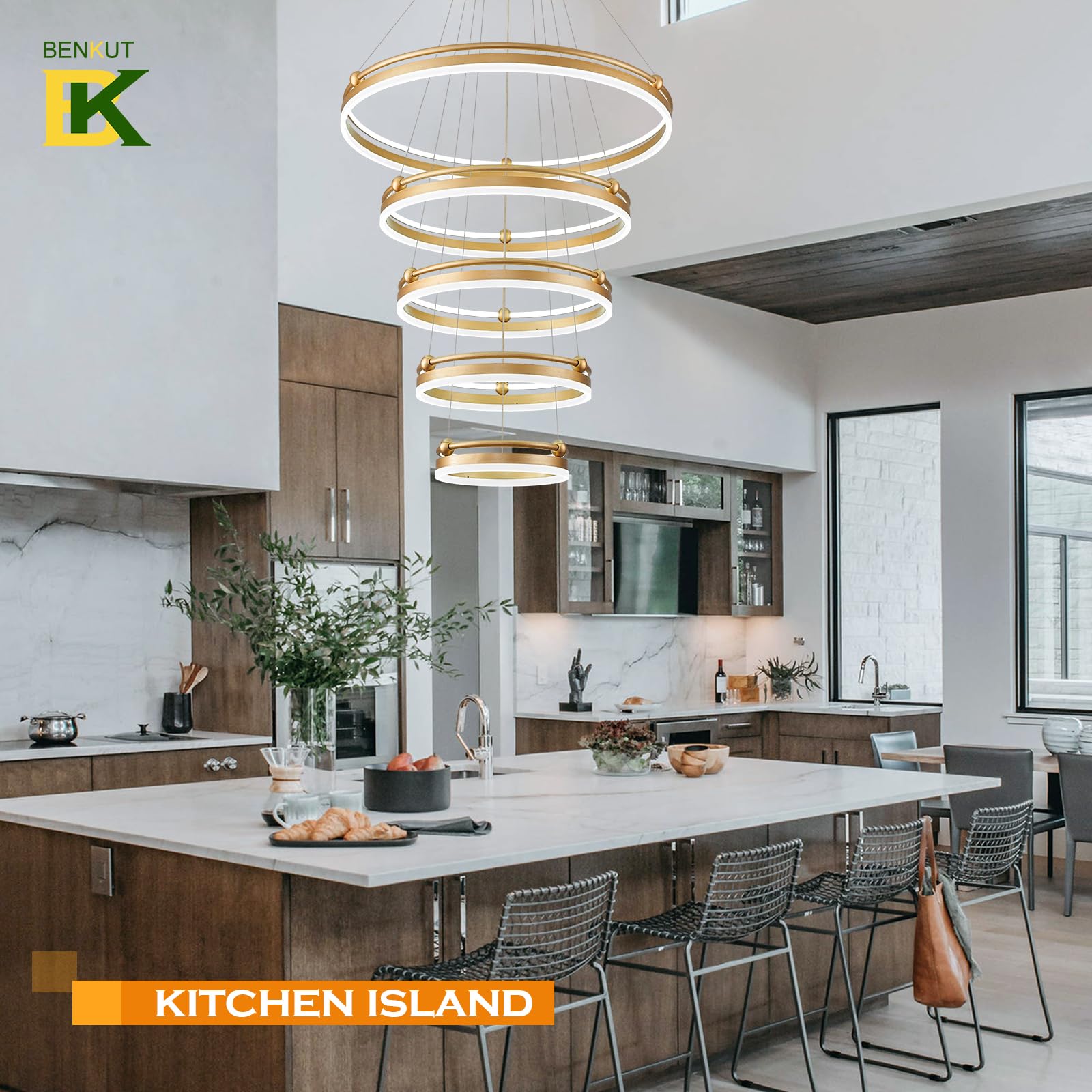 Benkut 10-Rings Modern Led Chandelier Gold Large Dimmable Remote Chandeliers Lighting For Foyer, High Ceiling Chandeliers For Dining Room Living Room Staircase Entryway(10-Ring Lighting, D31.5)