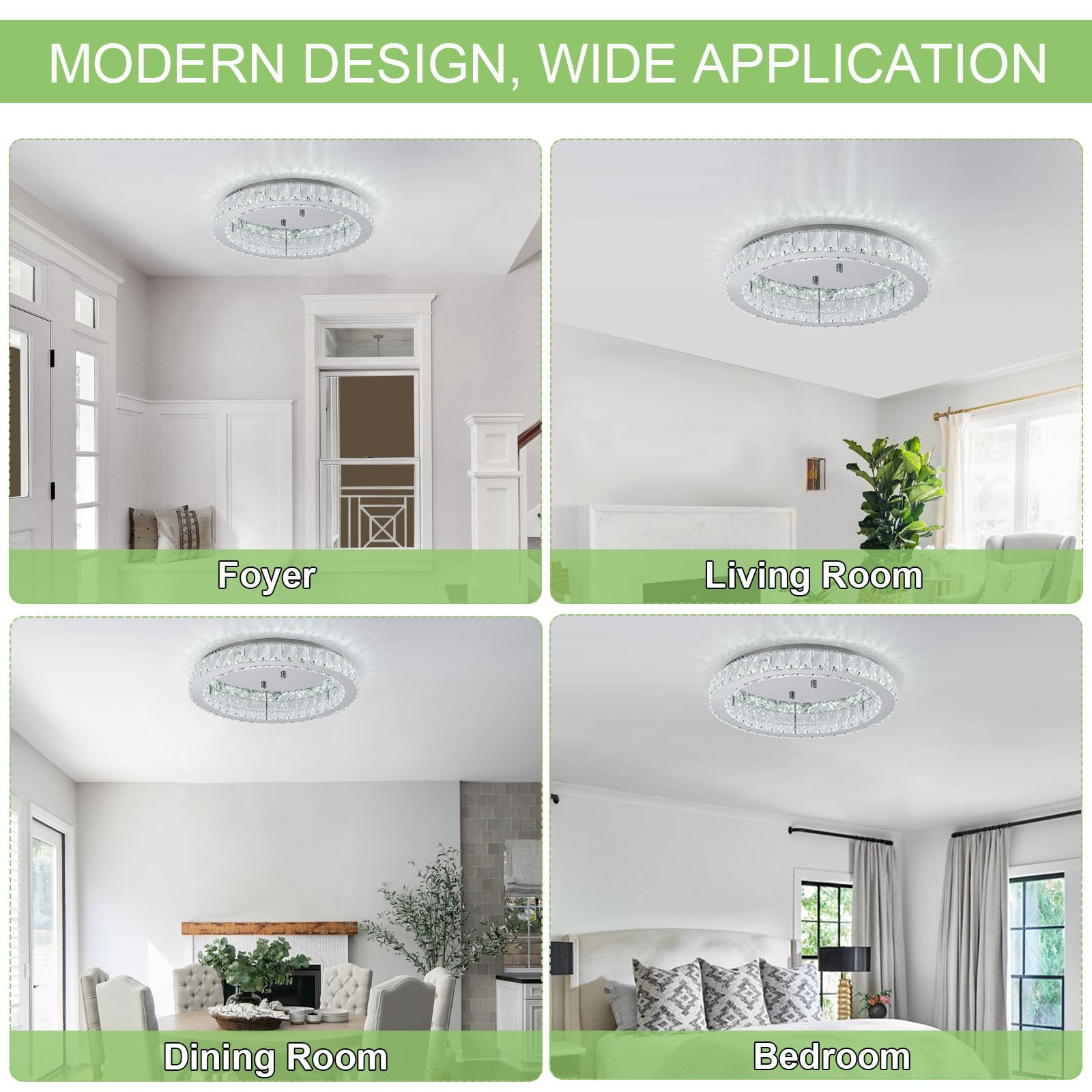 HOPGGIE Crystal Chandelier Light, 18in Round Flush Mount Ceiling Fixture, Cool White, Model HJ-450da-1, for Living Room, Bedroom, Dining Room