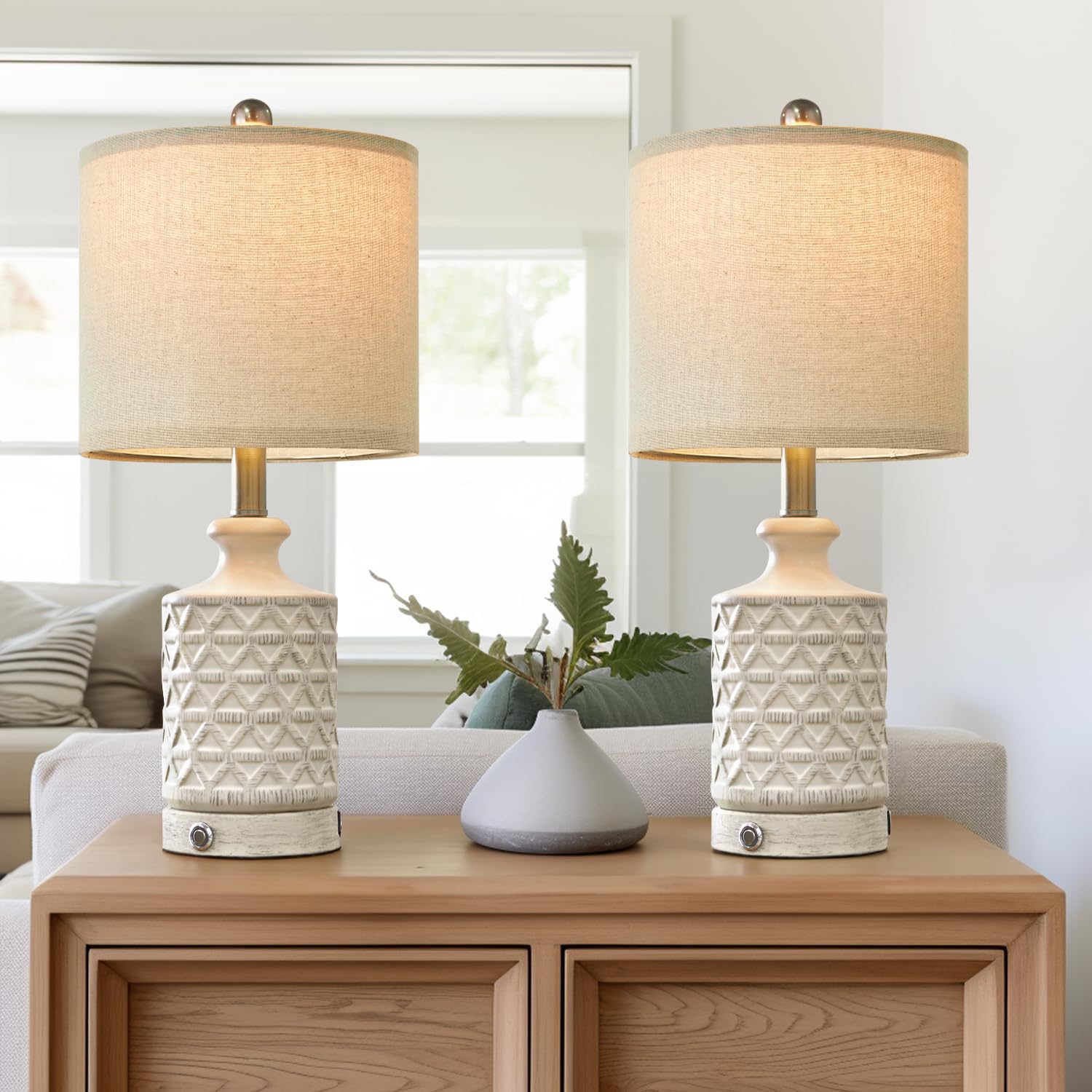 PoKat 20in Ceramic Table Lamps Set of 2, 3 Way Dimmable Nightstand Lamps for Bedroom, Living Room, White, Model AMZ-T1029S-AW-TU